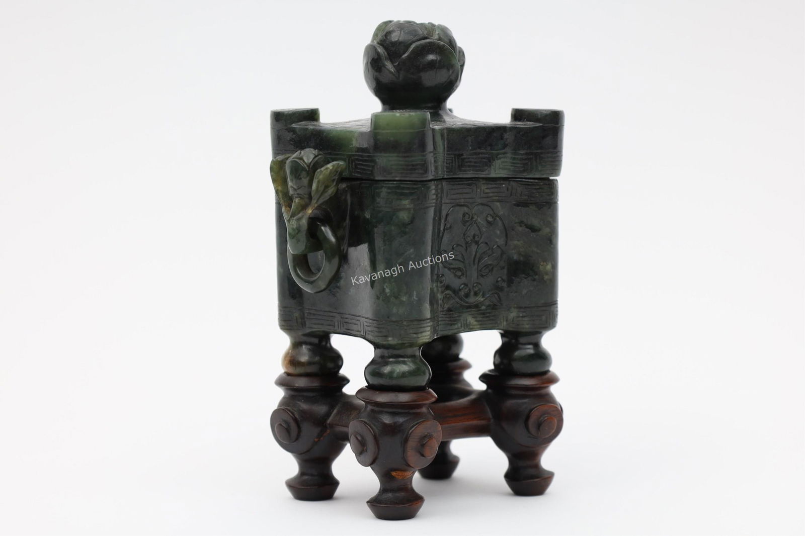 Chinese Carved Spinach Jade Lidded Vessel On Stand (1 of 15)