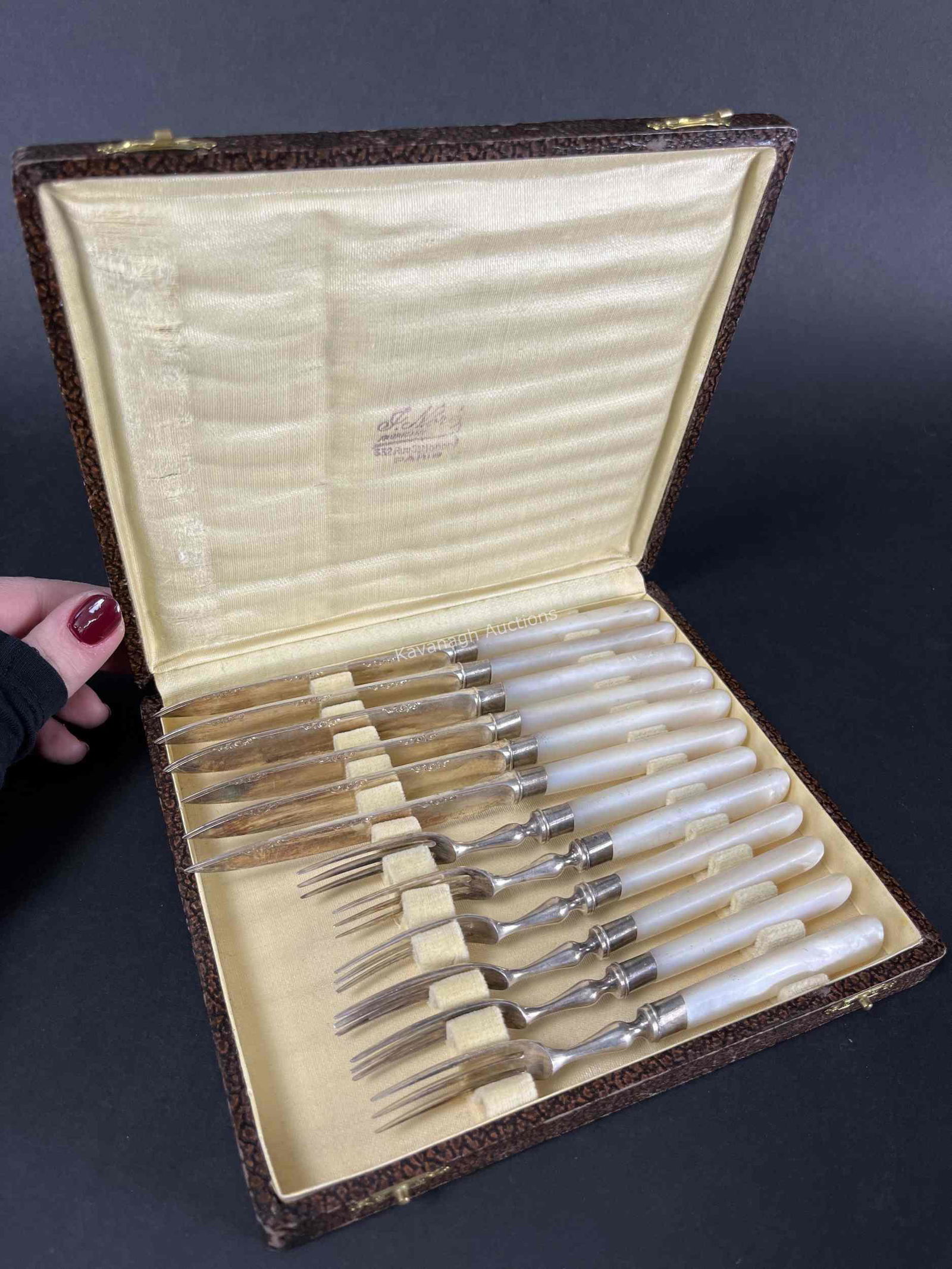 Abalone And Silver Cutlery Fruit Dessert Set For 6: Abalone Handled Silver Cutlery Fruit Dessert Set For 6. In Box. Knives Measure 7.25 Inches L, Forks Measure 6 Inches L.