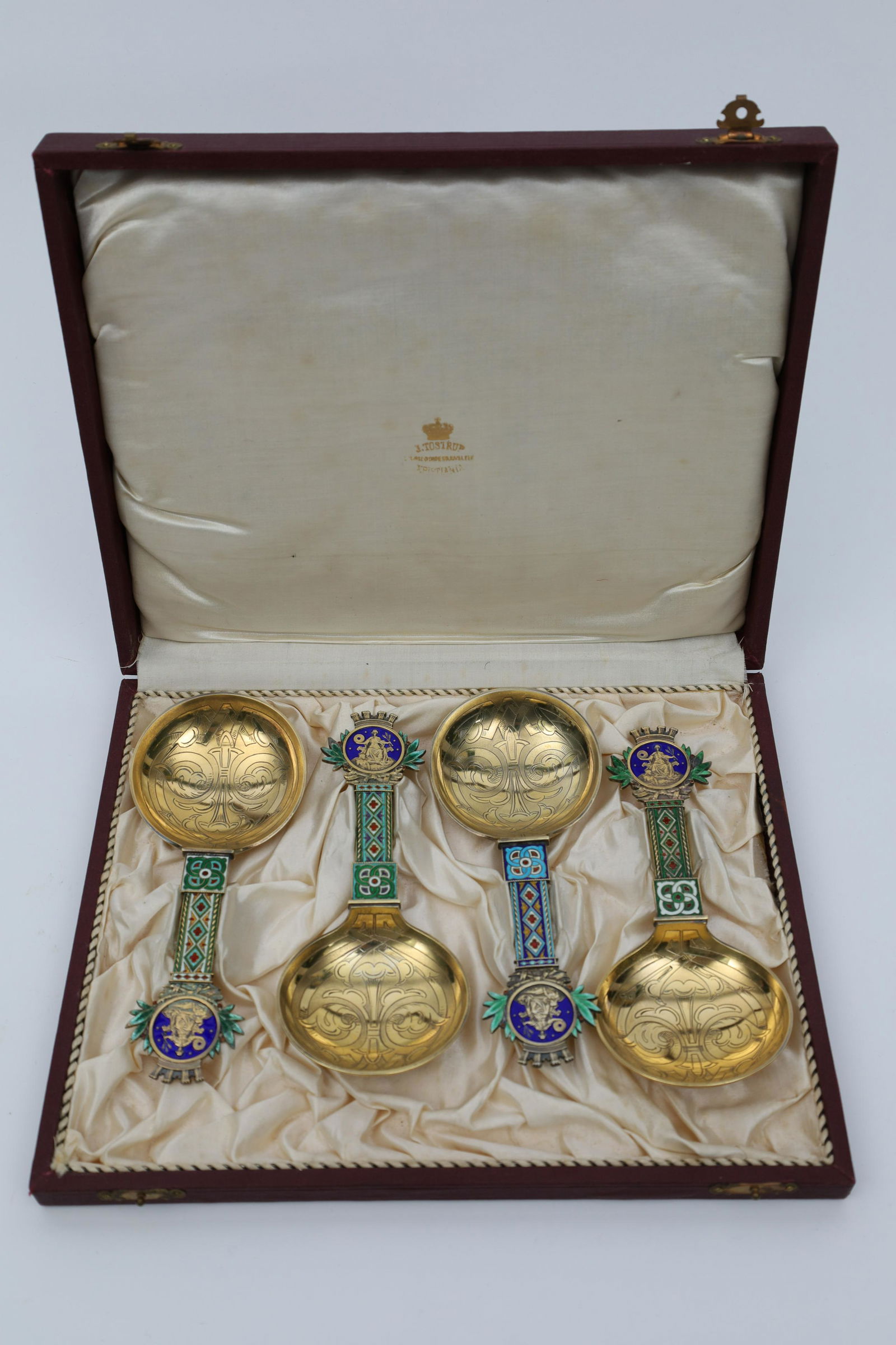 Jacob Tostrup Set Of 4 Silver Gilt Enamel Spoons (1 of 11)