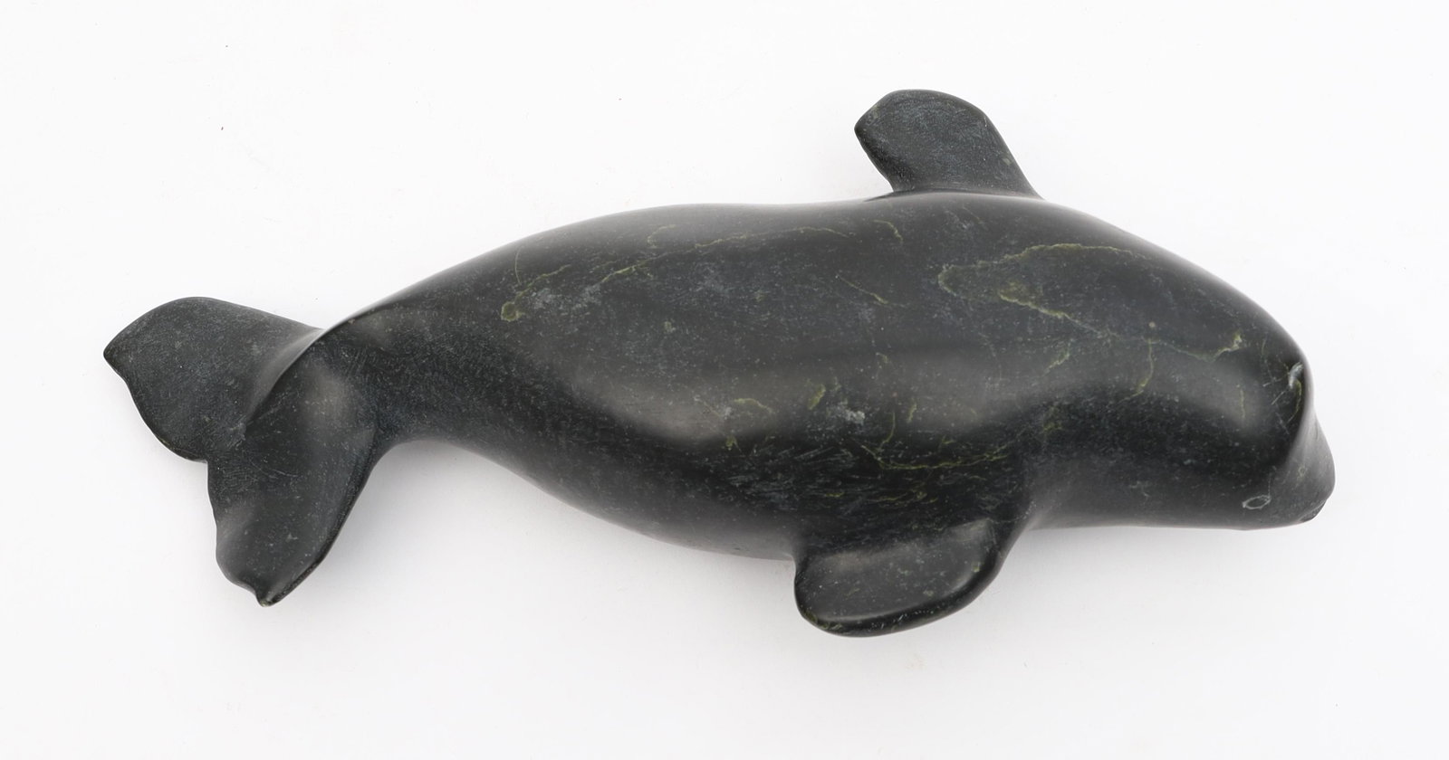 Vintage Inuit Eskimo Carved Soapstone Beluga Whale: Vintage Inuit Eskimo Carved Soapstone Beluga Whale. Syllabically signed on base. Small chip to tail fin. 10 x 5 x 2.5 inches H.