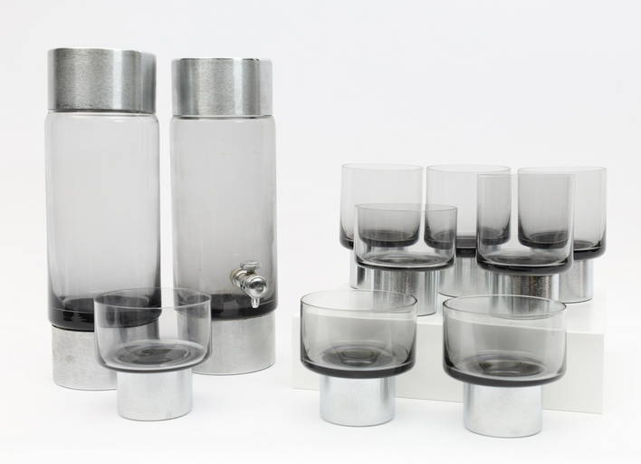 Mid Century Chrome Smoked Glass Decanter Set