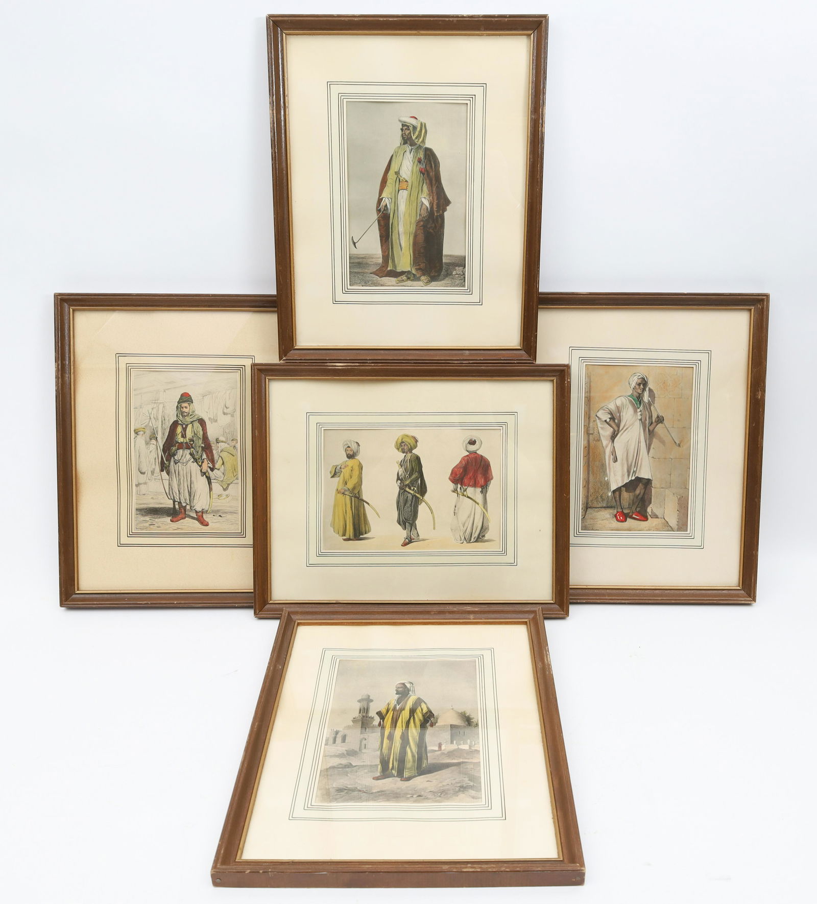19th C Tinted Prints Moorish Orientalist Figures: Lot of 5 19th C Tinted Prints Moorish / Turkish Orientalist Figures. 3 by Alexandre Bida; The Arab of Hedjaz, A Nubian Gate Keeper, etc... From the lithographed work printed in Paris by Lemercier in 1