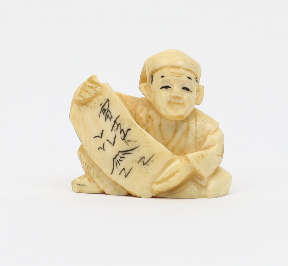 Japanese Carved Figural Netsuke, Man with Scroll (1 of 7)