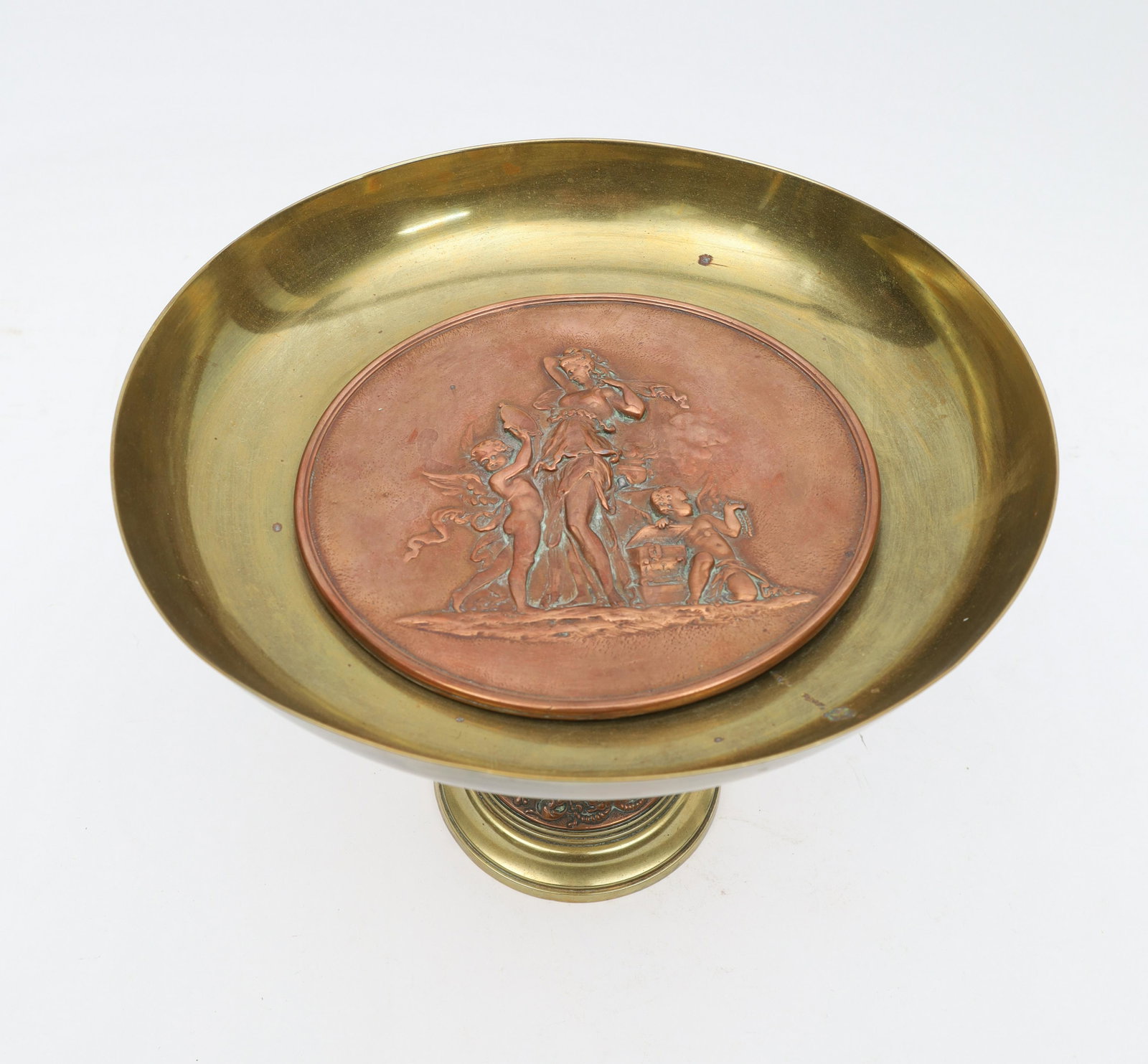 Neoclassical Brass Tazza Attendants Of Venus: Neoclassical Brass And Copper Tazza / Urn. Copper Plate Depicting Attendants Of Venus / Aphrodite. 9.5 Inches Diameter X 7.5 H.
