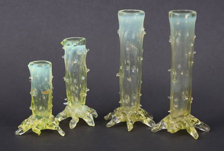 John Walsh Victorian Uranium Glass Thorn Vases: Lot Of 4 John Walsh Victorian Vaseline / Uranium Glass Thorn Vases. Some Loss To Thorns, Chips To Roots. Please See Photos. Tallest Two Measure 6 Inches H, One Measures 4.5 Inches H, Smallest Measures