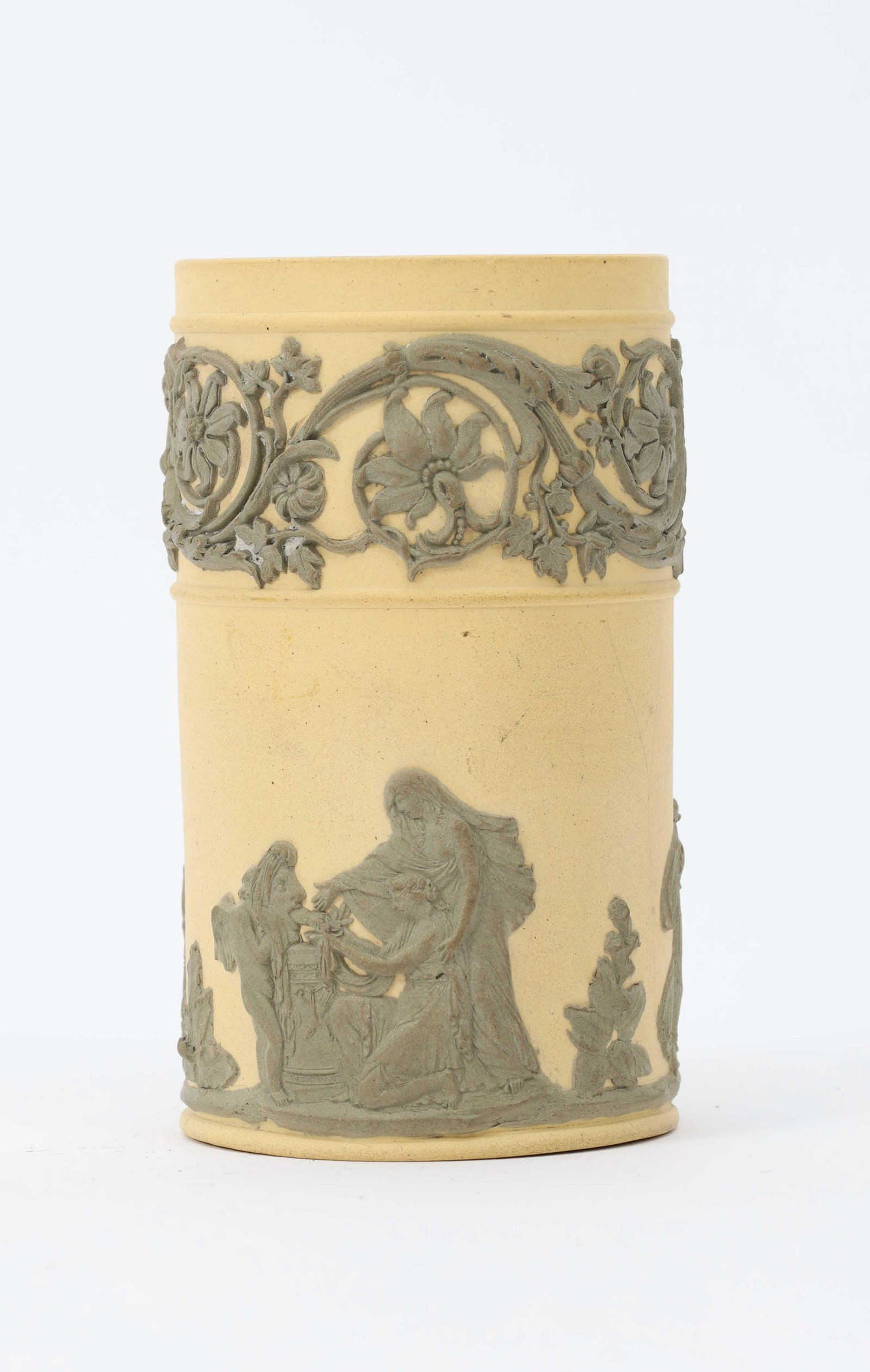 Wedgwood Yellow Jasperware Neoclassical Spill Vase: Wedgwood Yellow Jasperware Neoclassical Spill Vase. 3.5 Inches H X 2 Diameter. Hairline Crack To Side Of Vase. Please See Photos.