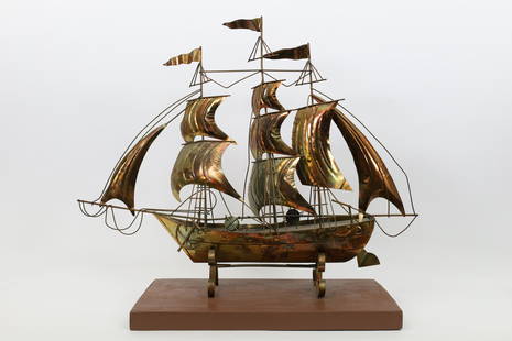 Brutalist Poillerat Spanish Galleon Sailing Ship: Vintage Brutalist Spanish Galleon Sailing Ship In the style of Gilbert Poillerat, Curtis Jere. 30 inches L x 24 H x 6 W, not including board.