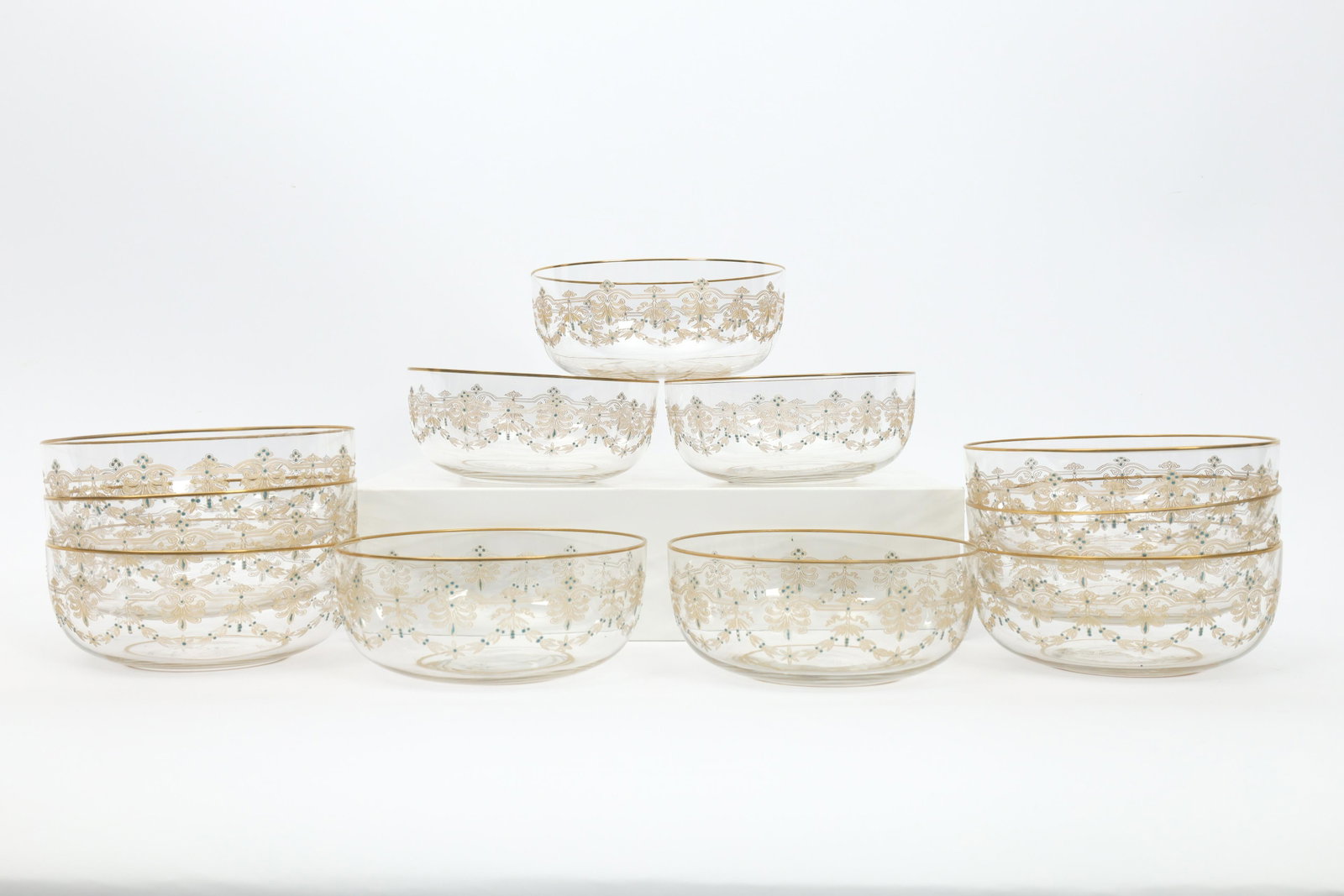 Lot 10 Gilt Crystal Bowls / Moser Or Baccarat: Lot 10 Gilt Crystal Bowls / Moser or Baccarat with Gilt and Enamel details. 4.5 inches diameter x 2 H.