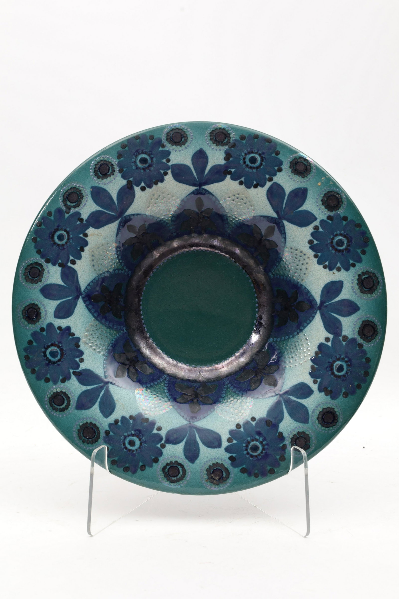 Signed Hilkka-liisa Ahola Arabia Finland Bowl: Hilkka-Liisa Ahola (Finland, 1920-2009) Arabia Finland Bowl. Signed on base HLA/IH. Blue Green Glaze with hand painted geometric floral design. 11.5 inches diameter x 2.25 H.