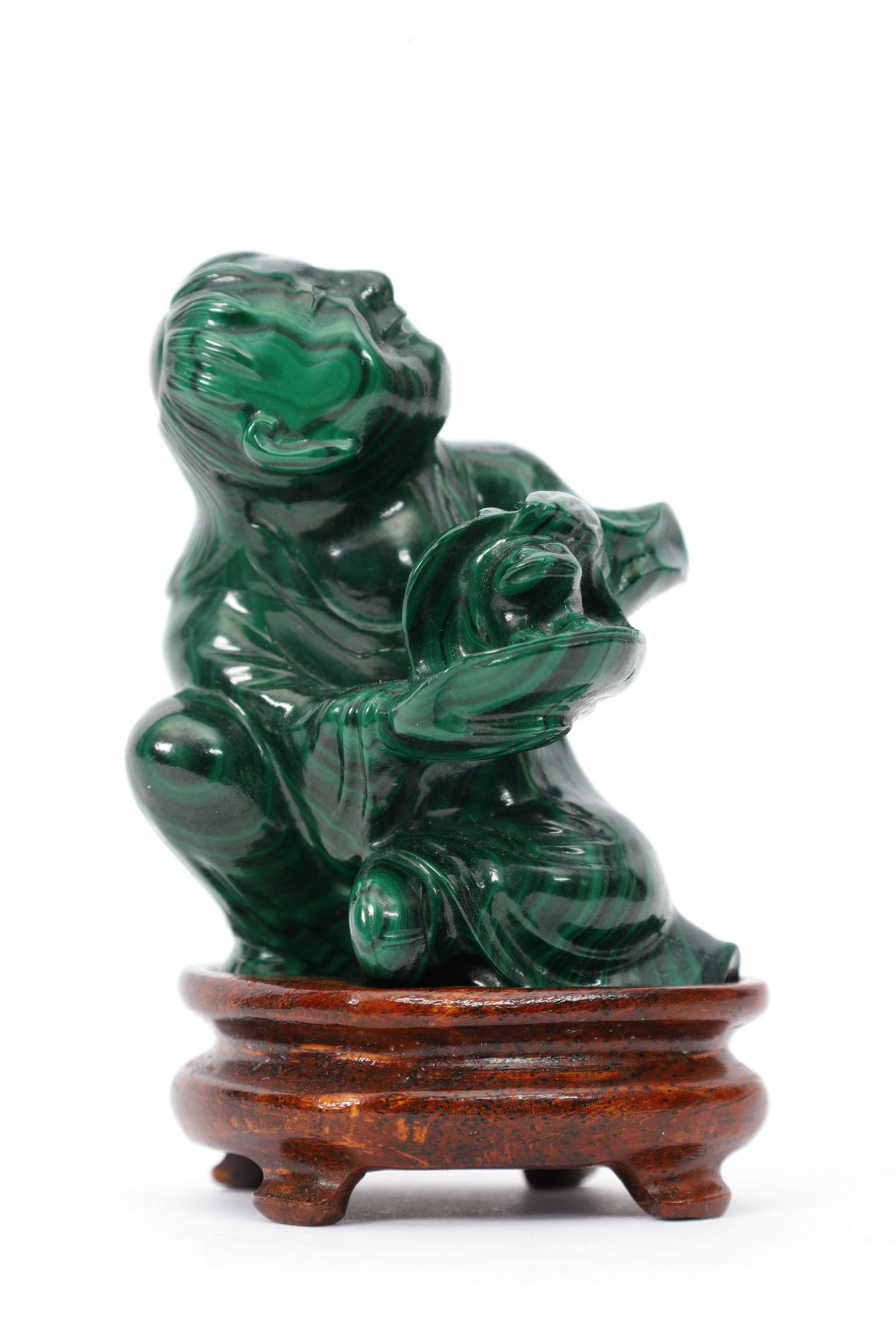 Vintage Chinese Malachite Figure: Vintage Chinese Malachite Figure, Wise Man with Frog in Basket. On wood stand, measures 3 inches H x 2 x 2.