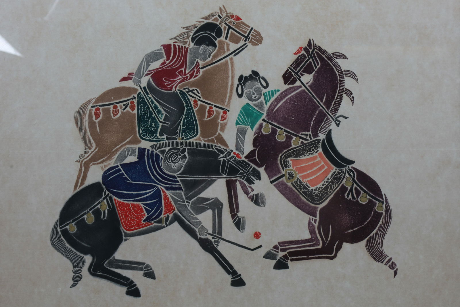Chinese Polychrome Woodblock Print, Polo Players (1 of 4)