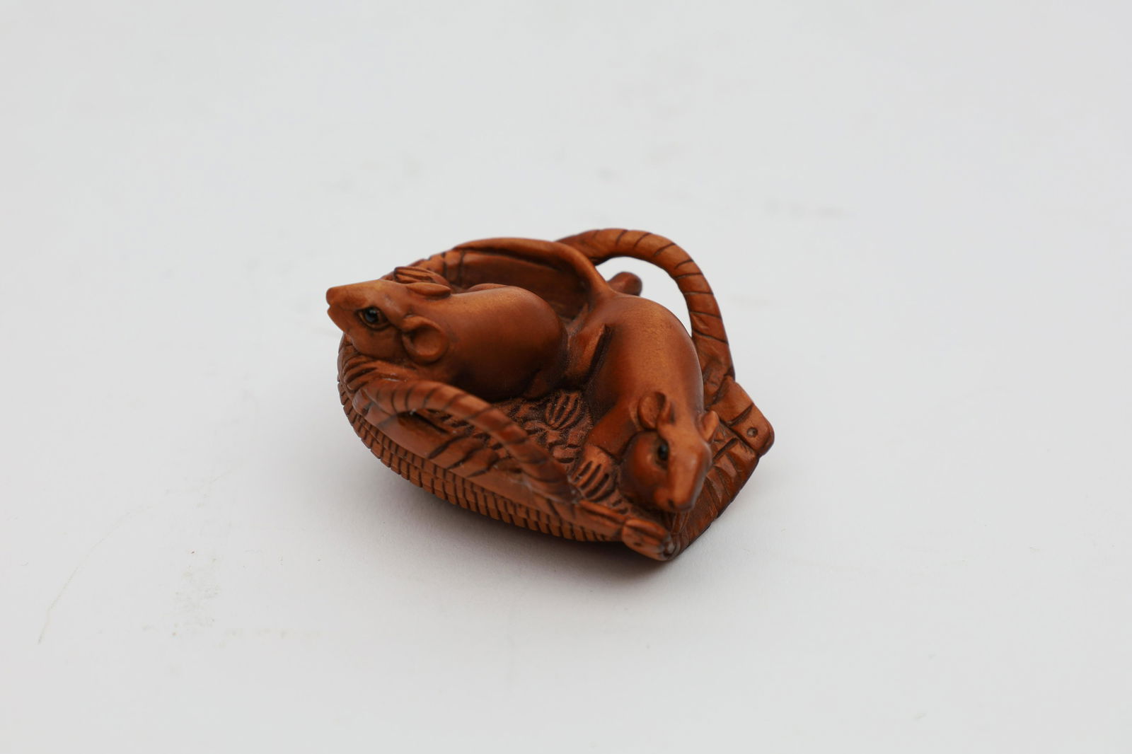 Japanese Carved Wood Netsuke, Rats In Basket (1 of 7)