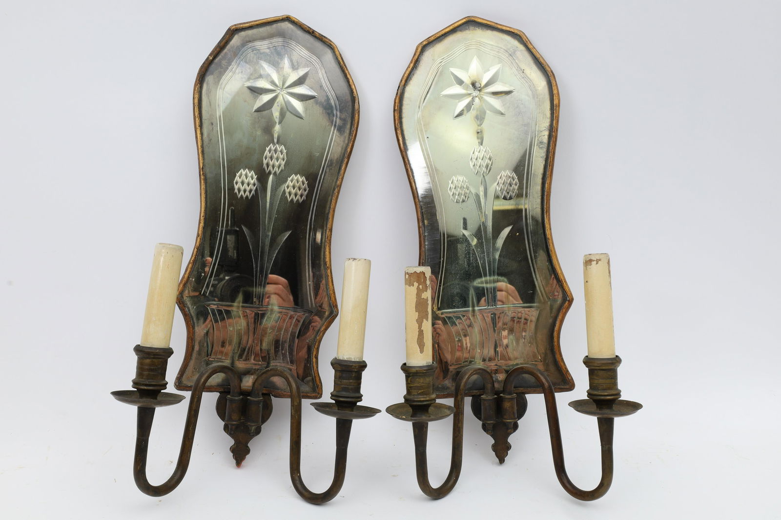Pair Art Deco Venetian Cut Glass Bronze Mirror Wall Sconces (1 of 5)