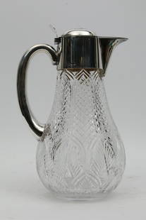 Asprey London Sterling Cut Crystal Claret Jug 1904: Asprey London Sterling Cut Crystal Claret Jug 1904. English sterling silver topped and handled finely cut crystal claret jug, showing hallmarks for maker Hukin and Heath (John Thomas Heath and John Ha