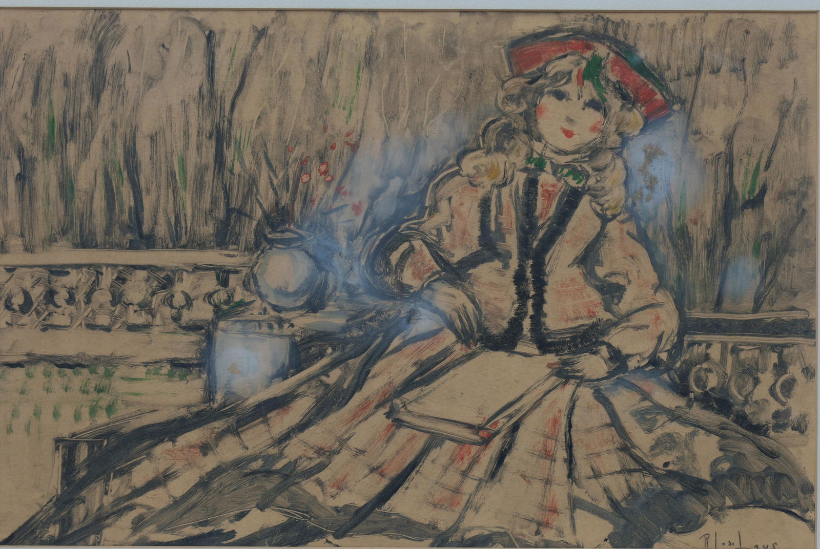 Iosif Rosenblut Watercolor Girl Reading In Park: Iosif Rosenblut (1894 - 1975), Romanian, watercolour on paper of girl reading book in a park, signed lower right, and dated 1945. Image measures 12.25 x 18.75 inches W within matting, frame measures 2