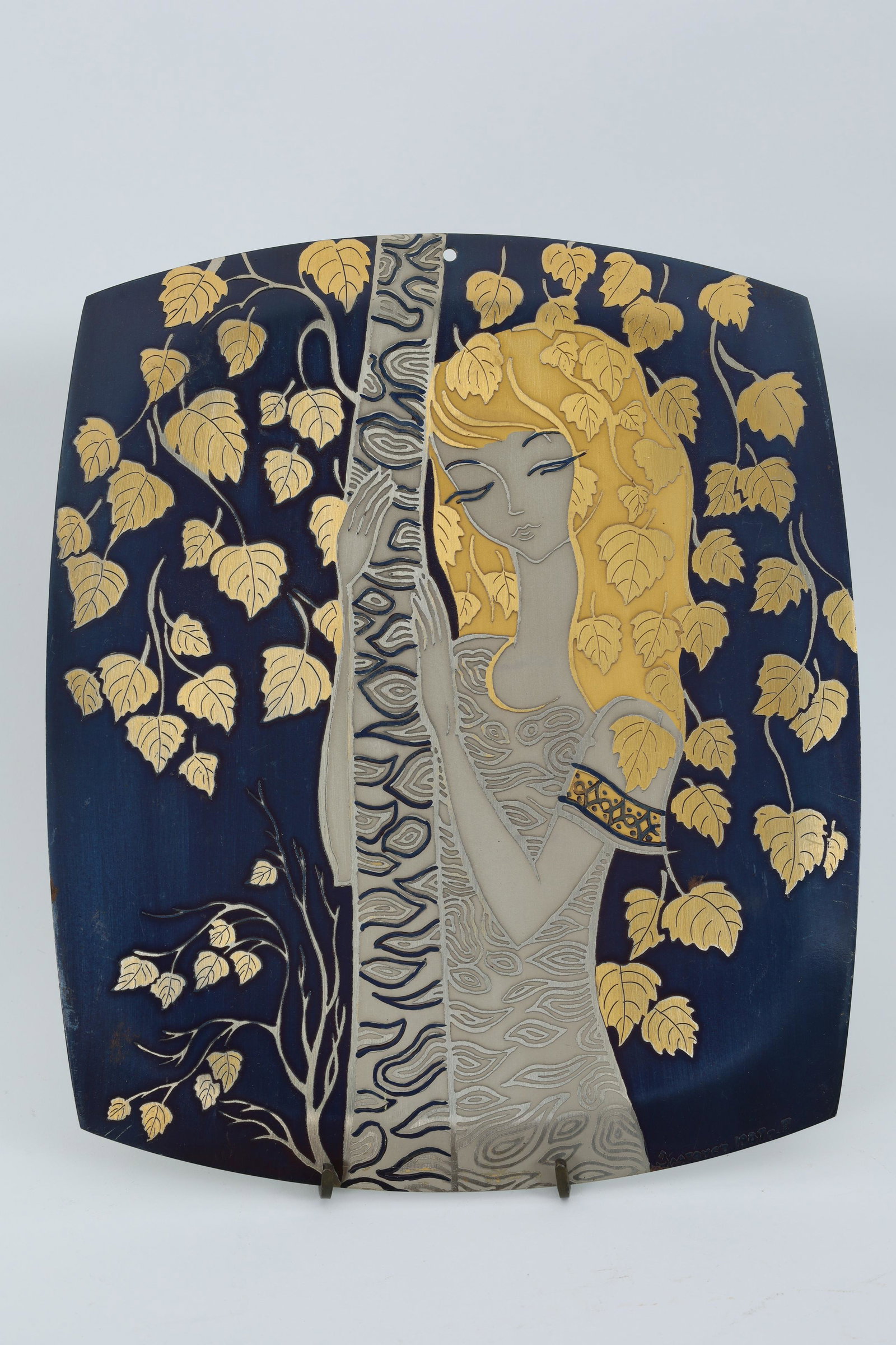 Modernist Russian Enamel Figural Tile Signed: Modernist Russian Enamel Figural Tile Signed and dated 1987. Depicting a woman in nature. 9.25 x 7.75 inches W.