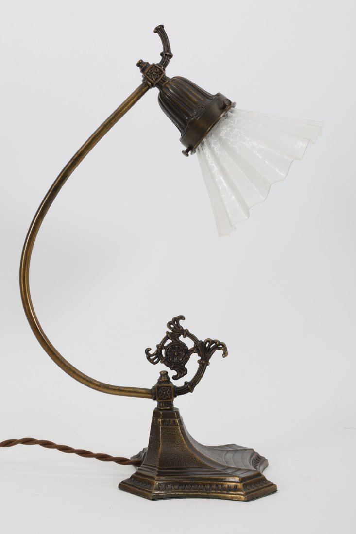 Art Nouveau Desk Lamp Etched Crimped Shade: Art Nouveau Desk Lamp Etched Crimped Glass Shade. Eagle Bakelite Switch and plug with twisted cloth wire.