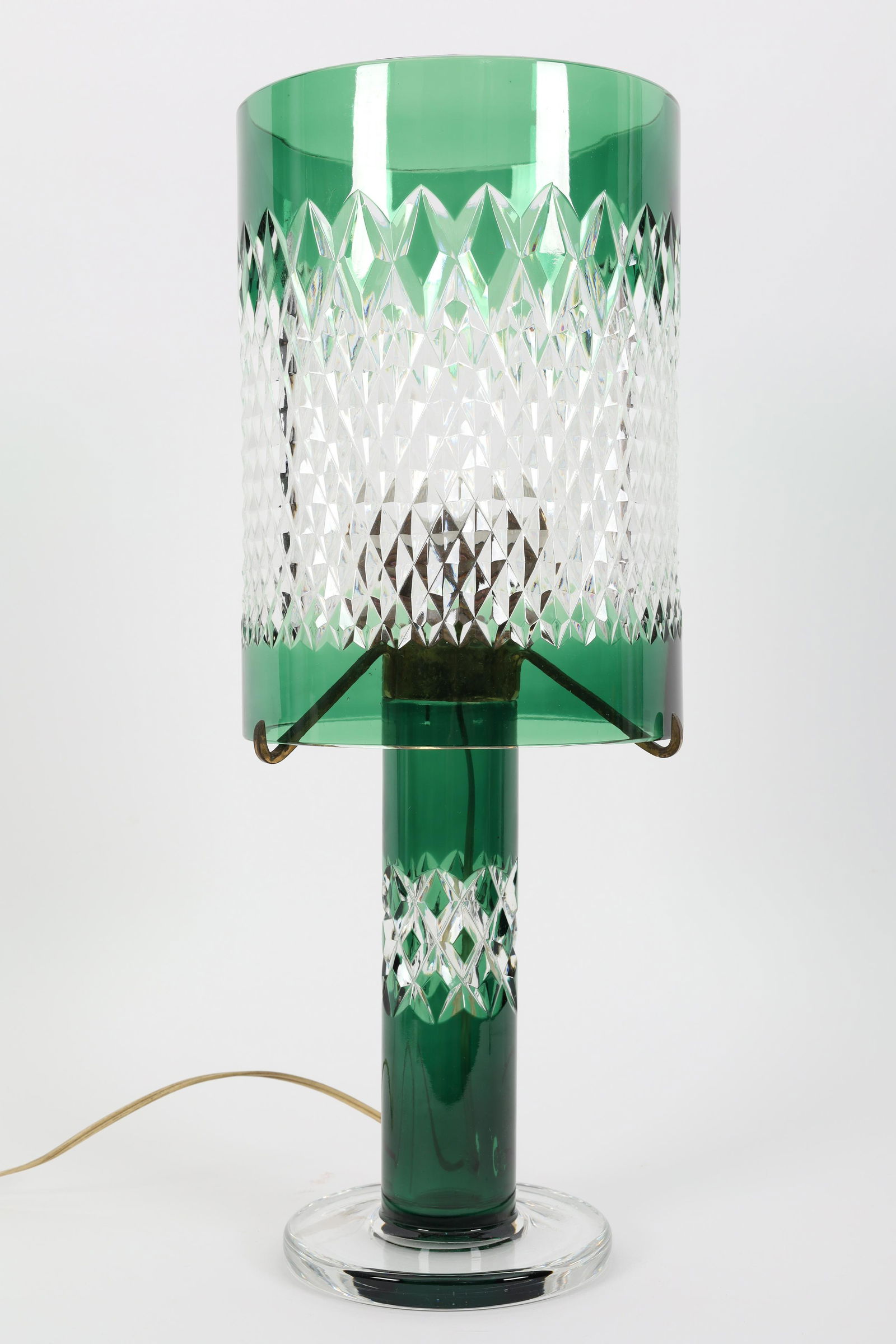 Rare Val St Lambert Green Cut To Clear Lamp: Rare Val St Lambert green cut to clear crystal lamp, the shade of a drum shape with diamond cut pattern, the column base with complementary pattern and set of clear round base, signed on underside Val