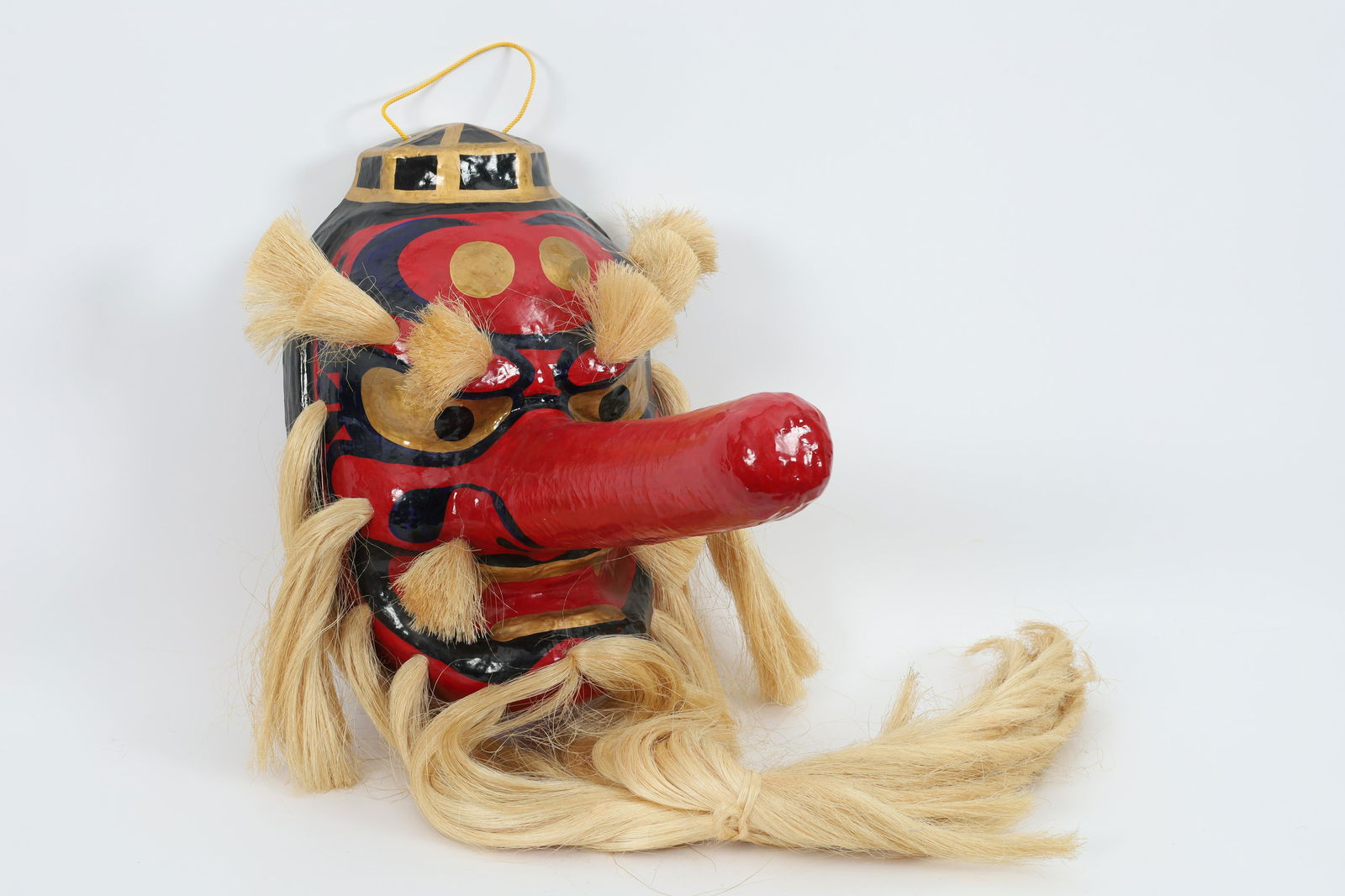 Large Japanese Tengu Noh Theatre Mask Red Nose: Large Japanese Tengu Noh Theatre Mask Red with Long Nose and Hair. Signed on interior. 16 inches L x 18 deep x 12 W, 42 inches L including beard.