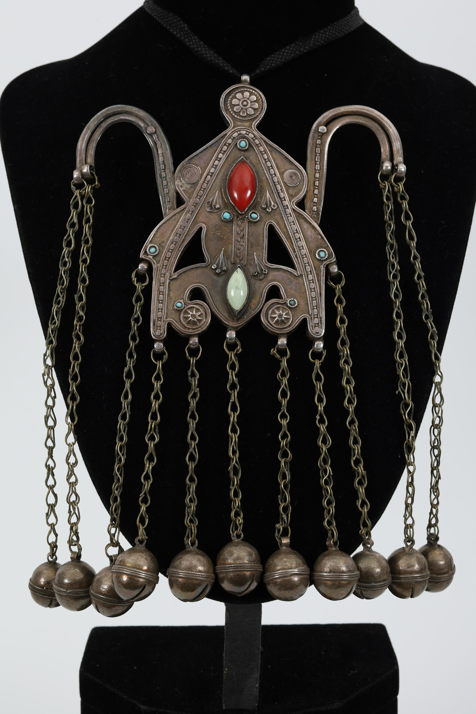 Antique Large Turkmen Karakalpak Pendant: Antique Large Turkmen or Karakalpak Pendant Uzbekistan. 5 inches W x 7 L. Inset with carnelian and turquoise.