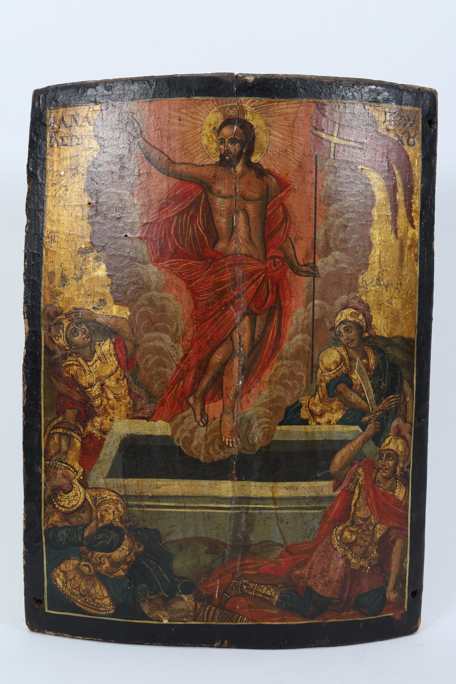 Byzantine Museum Icon Resurrection Of Christ: Antique hand painted icon showing the risen Christ with onlookers in polychrome colours with gold leaf, circa early 1700's, bearing Byzantine Museum number 0 37 X 0 26. Provenance originally purchased