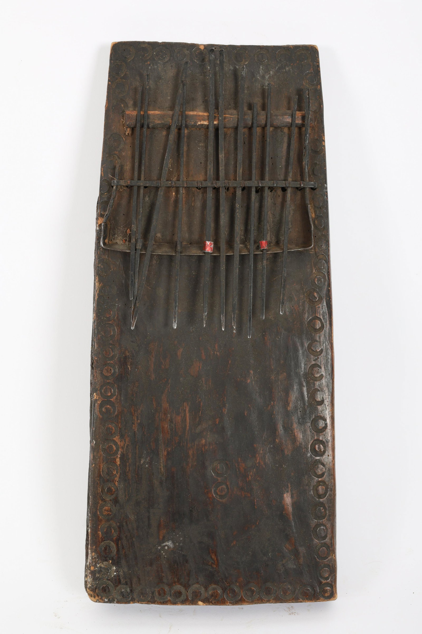 Antique African DRC Pende Sanza / Thumb Piano: Antique African Pende Sanza / Thumb Piano. 19th C Wood and metal thumb piano from the Democratic Republic of Congo or Angola used in ritual ceremonies. Measures 41 cm L x 18 W. From a Montreal private
