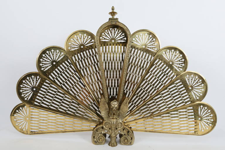 Vintage Brass Griffin Peacock Fan Fire Screen