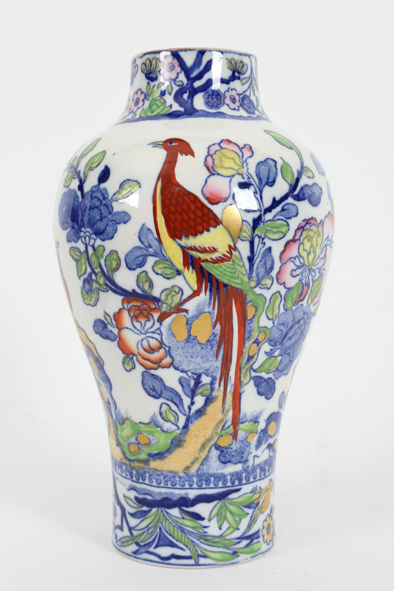 Antique Masons Ironstone China Orientalist Vase: Antique Masons Ironstone China Orientalist Vase. Blue and white with hand coloured birds and foliage. 9 inches H.