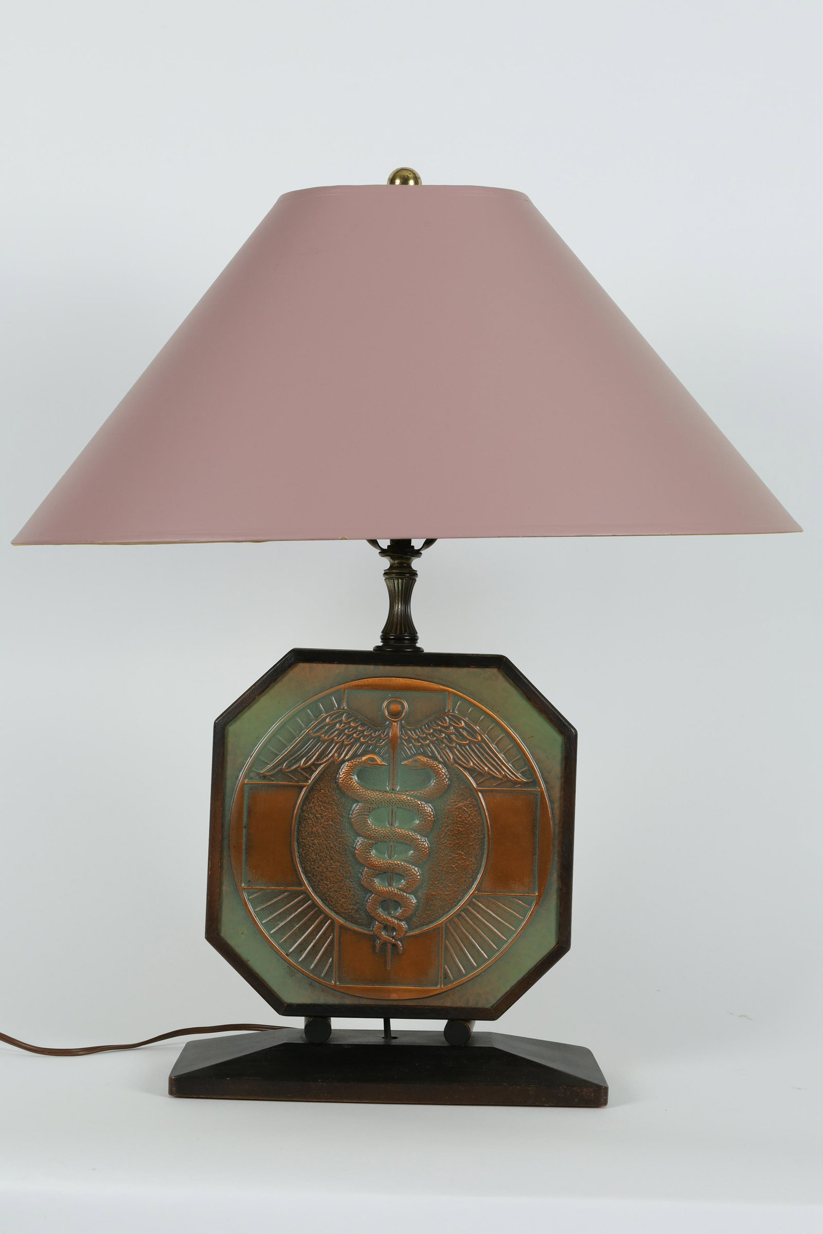 Art Deco Albert Gilles Copper Medical Lamp: Art Deco Medical Caduceus / Rod Of Asclepius Wood And Copper Albert Gilles Lamp, Signed. 24 Inches H Including Shade, Base Measures 11.5 X 5 Inches.