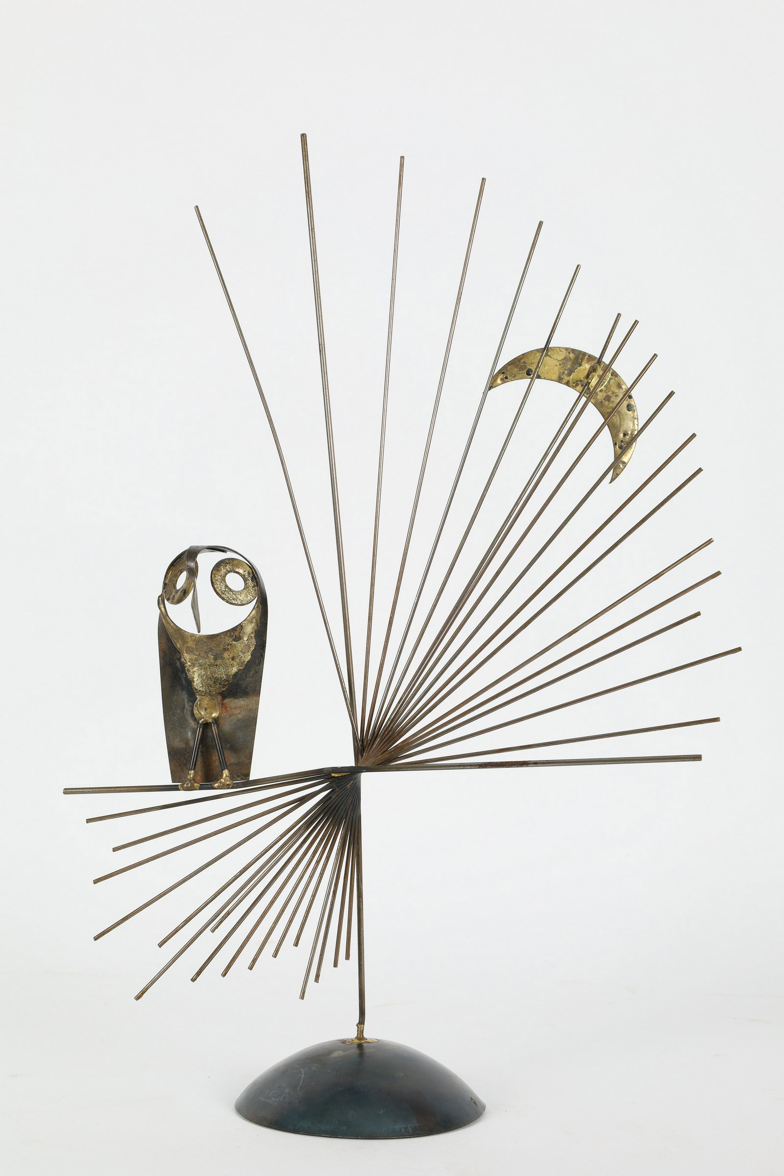 Mid Century Modern Jere Style Owl Moon Sculpture: Mid Century Modern Jere Style Owl and Moon Sculpture. 14.5 inches H x 10 W.
