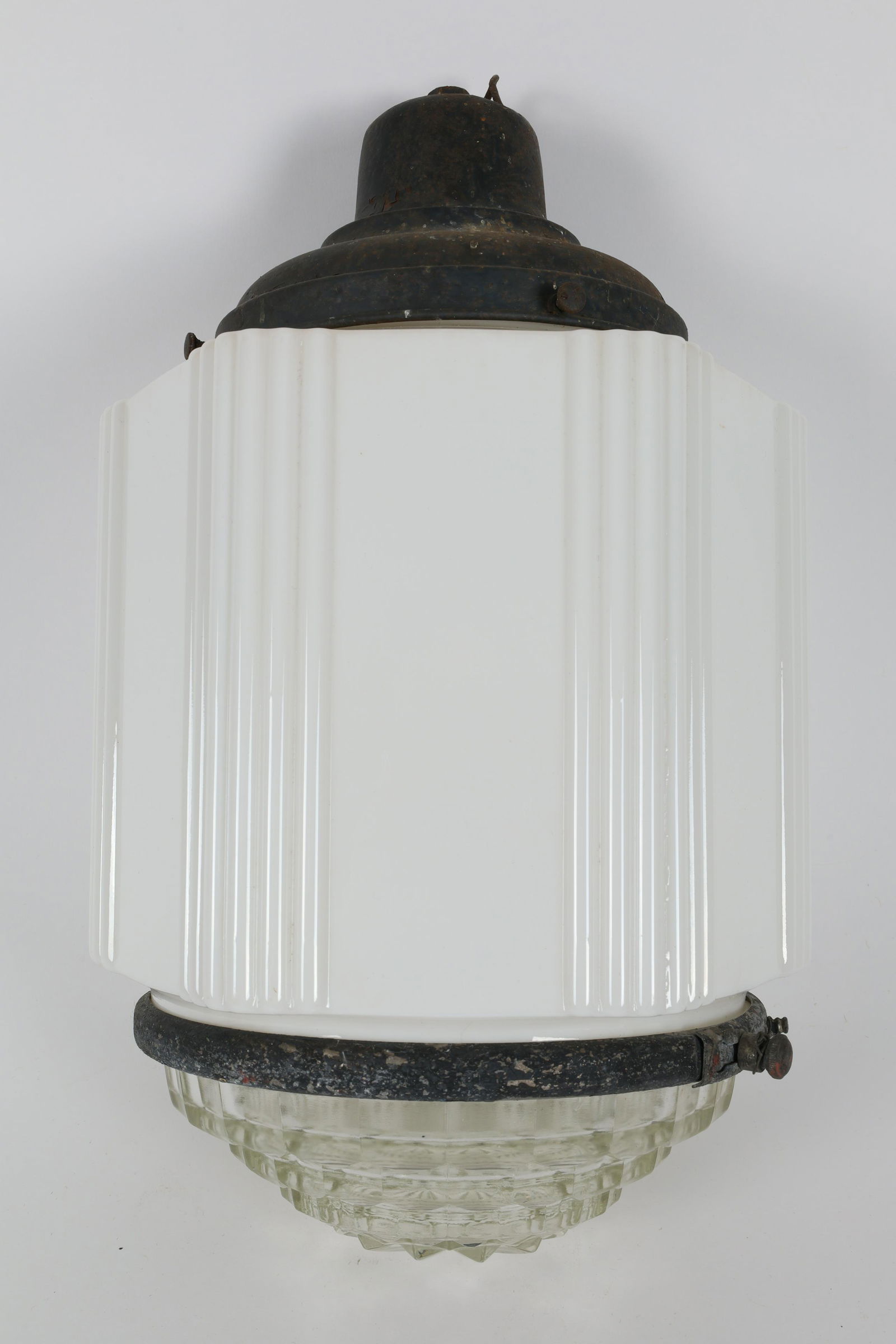 Antique Art Deco 2-Tone Skyscraper Pendant Light: Antique Large Art Deco 2-Tone Skyscraper Pendant Light. 15 inches H x 9 diameter.