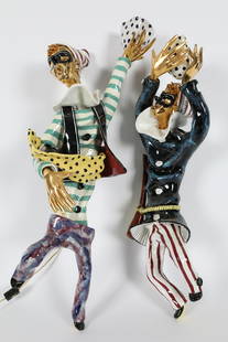 Pair San Polo Italian Ceramic Harlequin Sconces: Pair Large San Polo Italian Ceramic Harlequin Wall Sconces. Possibly designed by Otello Rosa for the San Polo firm of Venezia Italy. Small repair to finger of one hand. Tall figure measures 26 inches