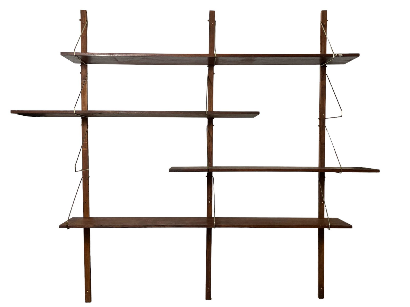 MCM Cadovious Style Hanging Shelving System: Mid Century Cadovious Style Hanging Shelving System. Rails measure 78 inches H, longest shelf measures 72 inches L, customizable.