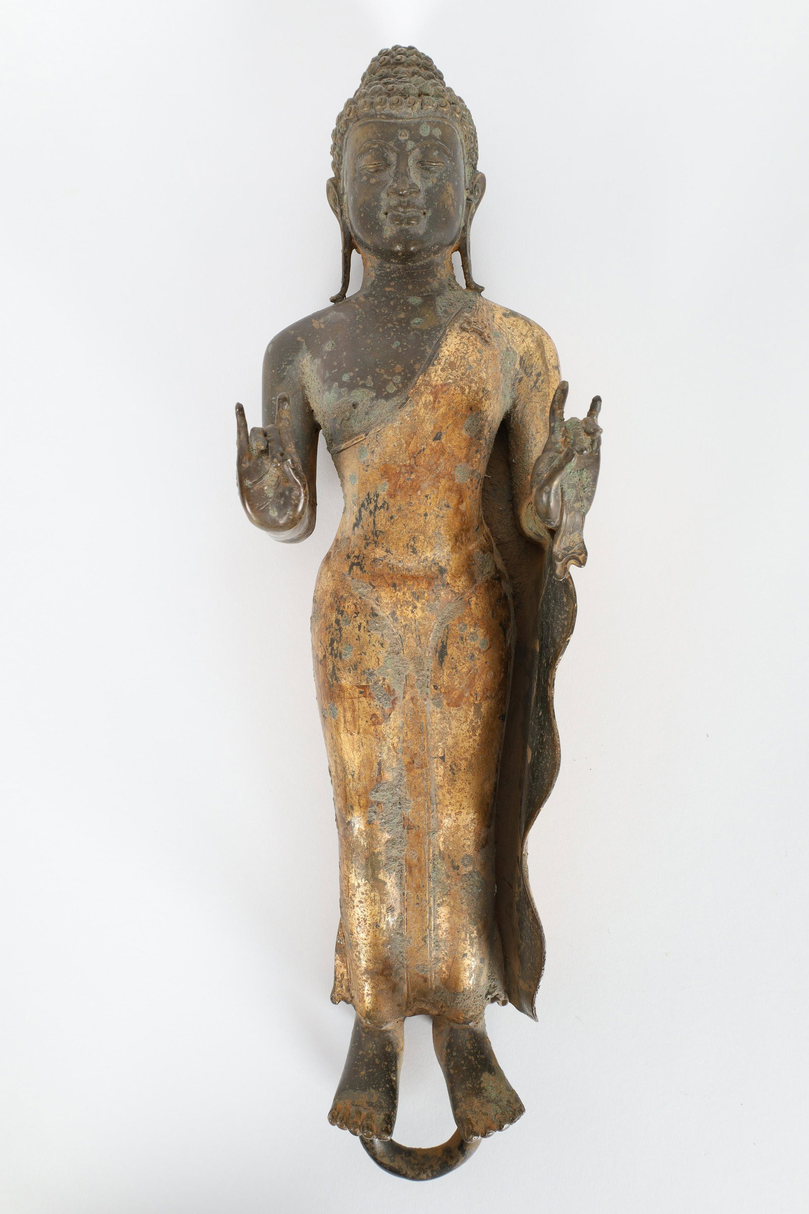 Antique Thailand Gilt Bronze Standing Buddha: Antique Thailand Gilt Bronze Standing Buddha. 16 inches H x 4.5 W x 4 deep.