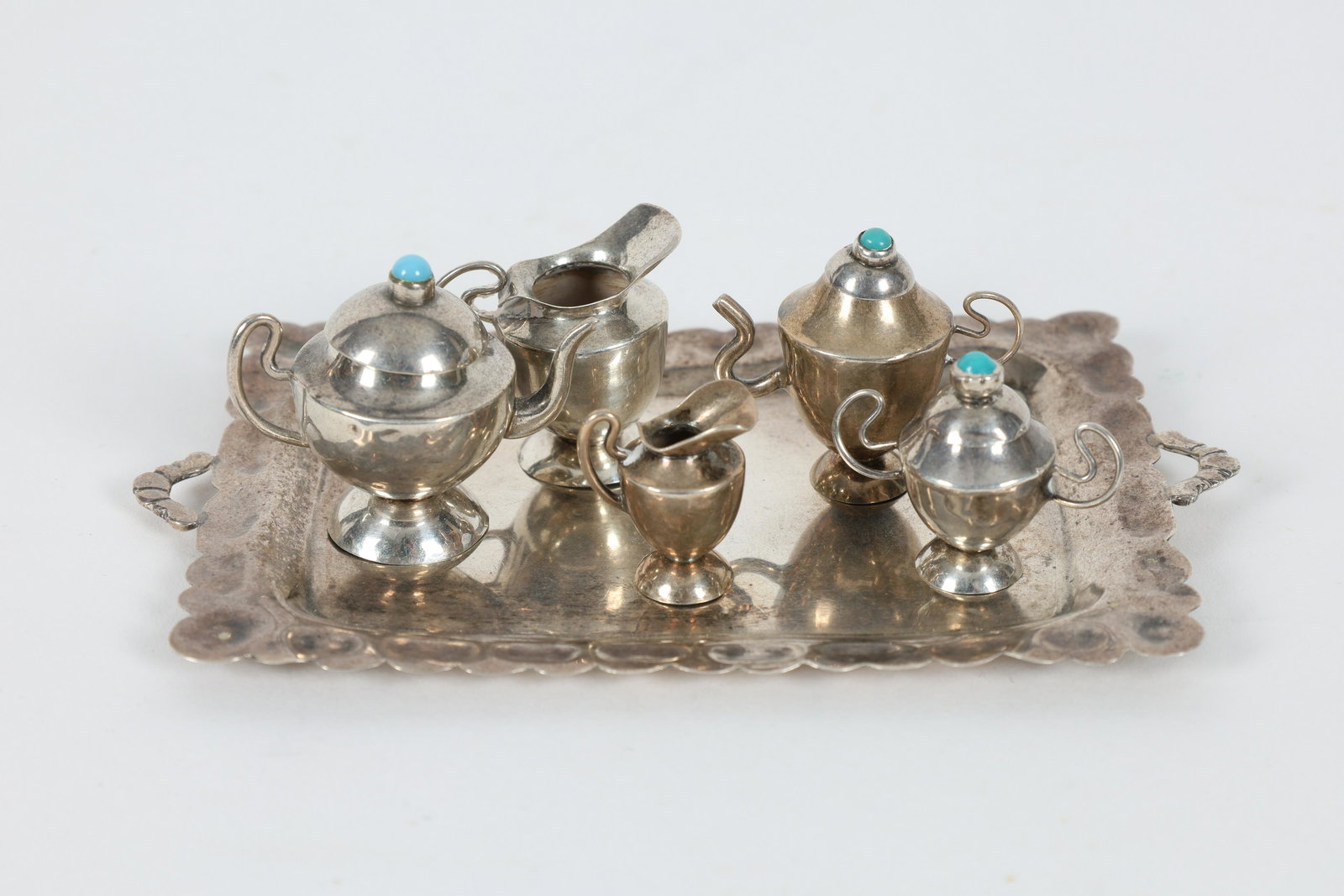 Mexican Miniature Sterling Tea Set Turquoise Inset (1 of 5)