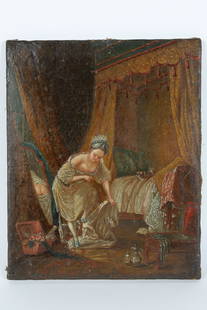 Circle Pierre-Antoine Baudouin Painting Toilette: Ecole Francaise Circle of Pierre-Antoine Baudouin (1723-1769) Oil Painting on Canvas, Woman Undressing. Signed lower right, L.B. Pinxit. Measures 12.5 inches H x 10 W.