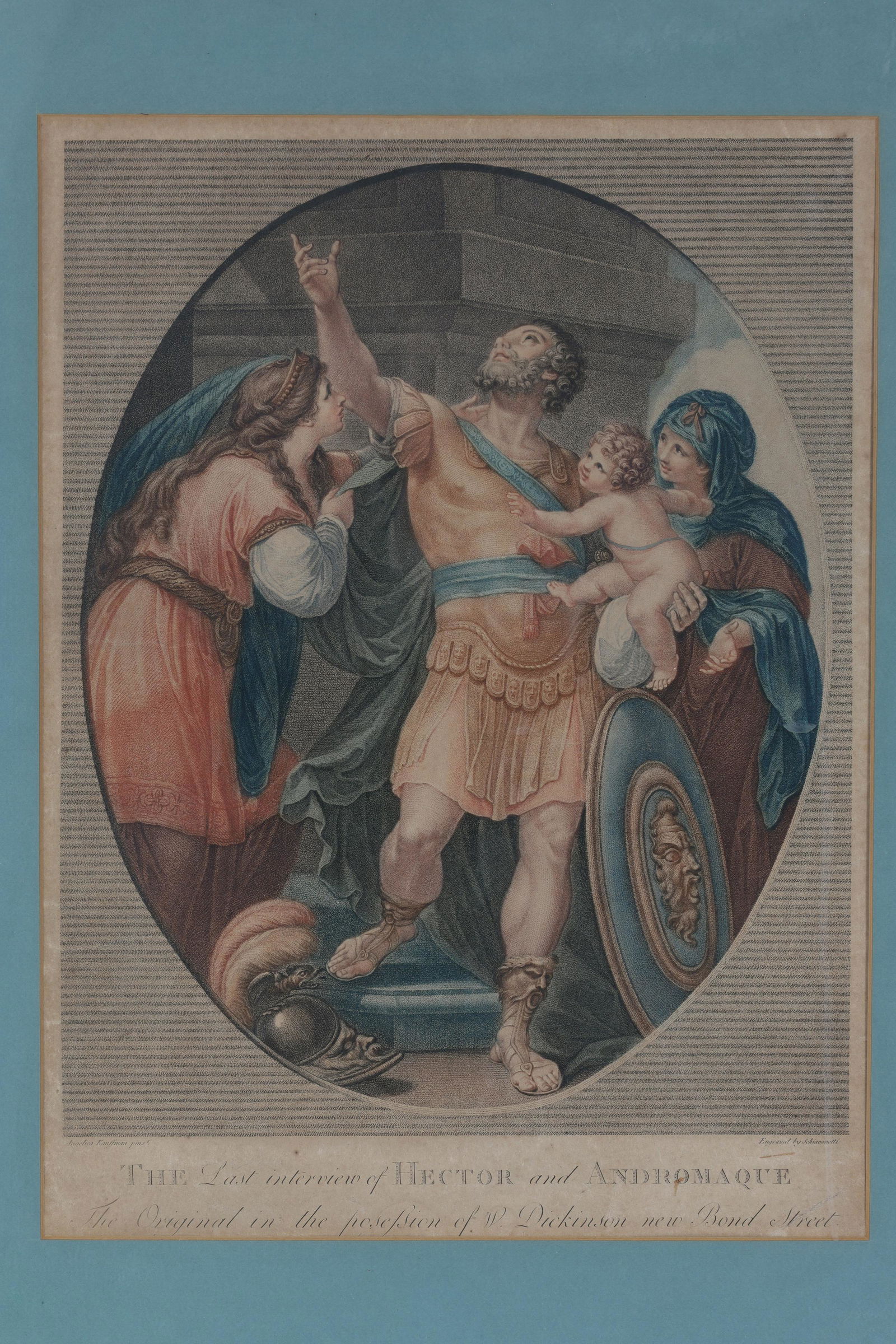 18th C Coloured Engraving by Luigi Schiavonetti: 18th C Coloured Engraving by Luigi Schiavonetti, The Last Interview of Hector and Andromache. After Angelica Kauffmann. Published by William Dickinson 1769. Engraving measures 15.25 inches H x 11.25 W