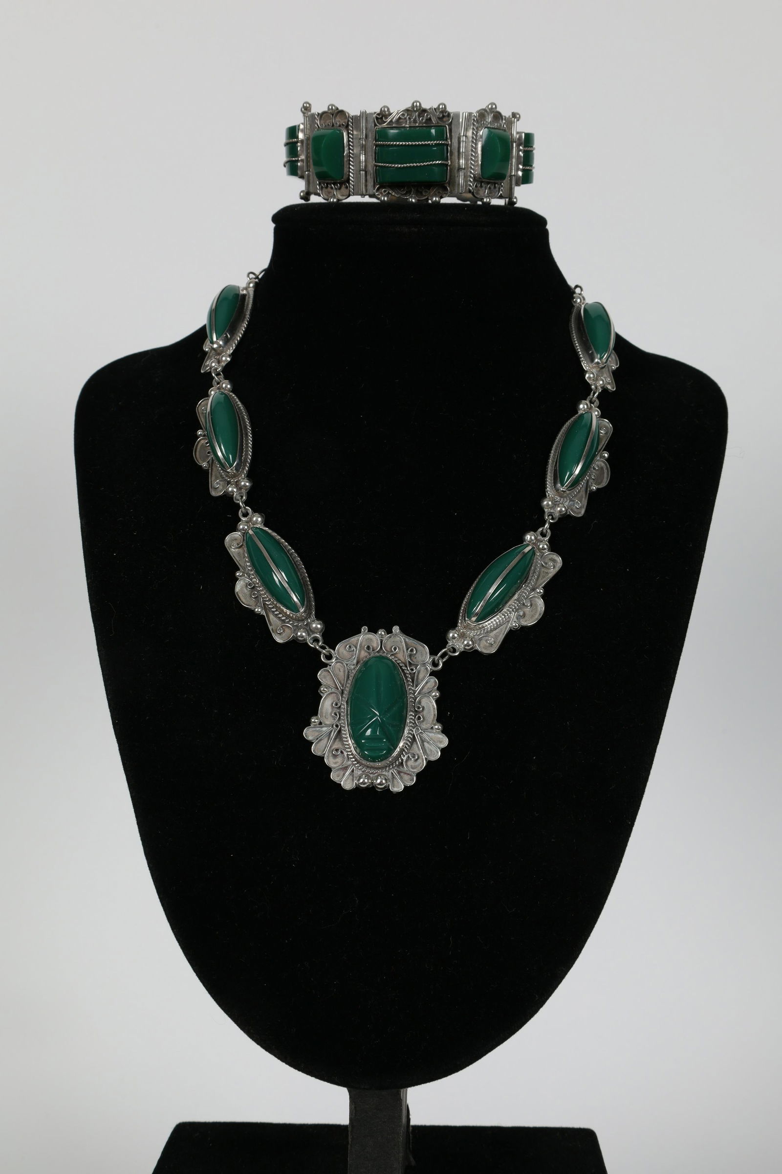 Taxco Sterling Green Onyx Bracelet and Necklace (1 of 9)