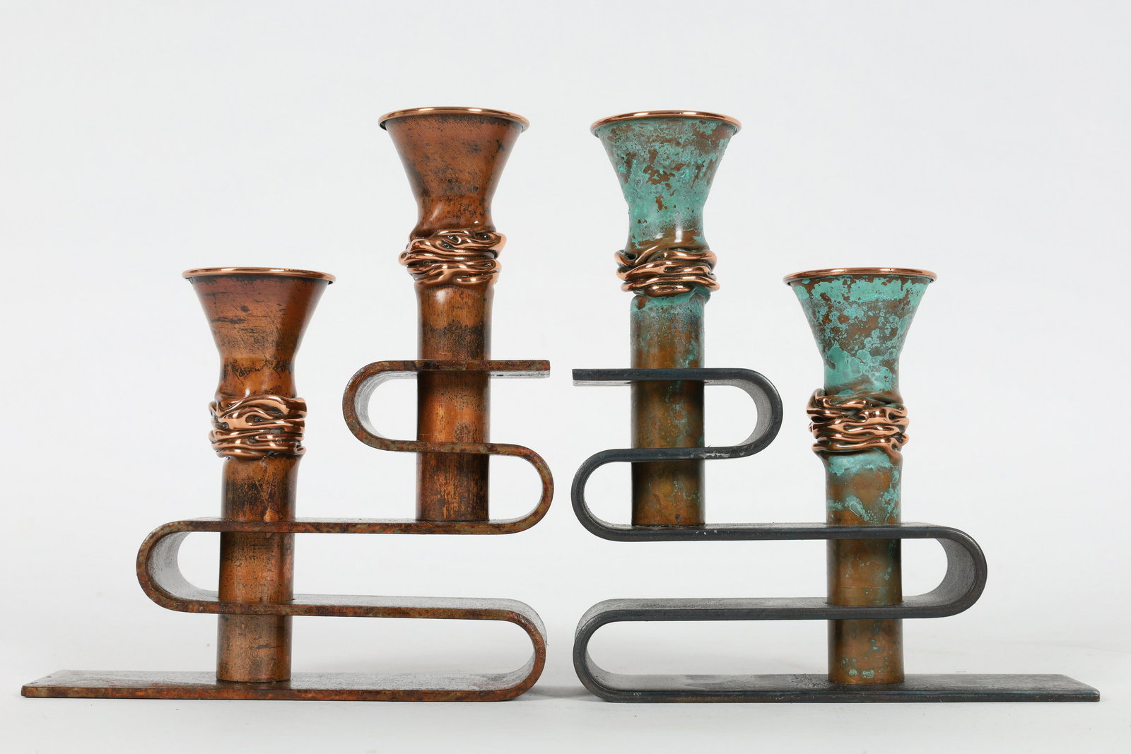 Pair Postmodern Brutalist Iron Copper Candlesticks (1 of 4)