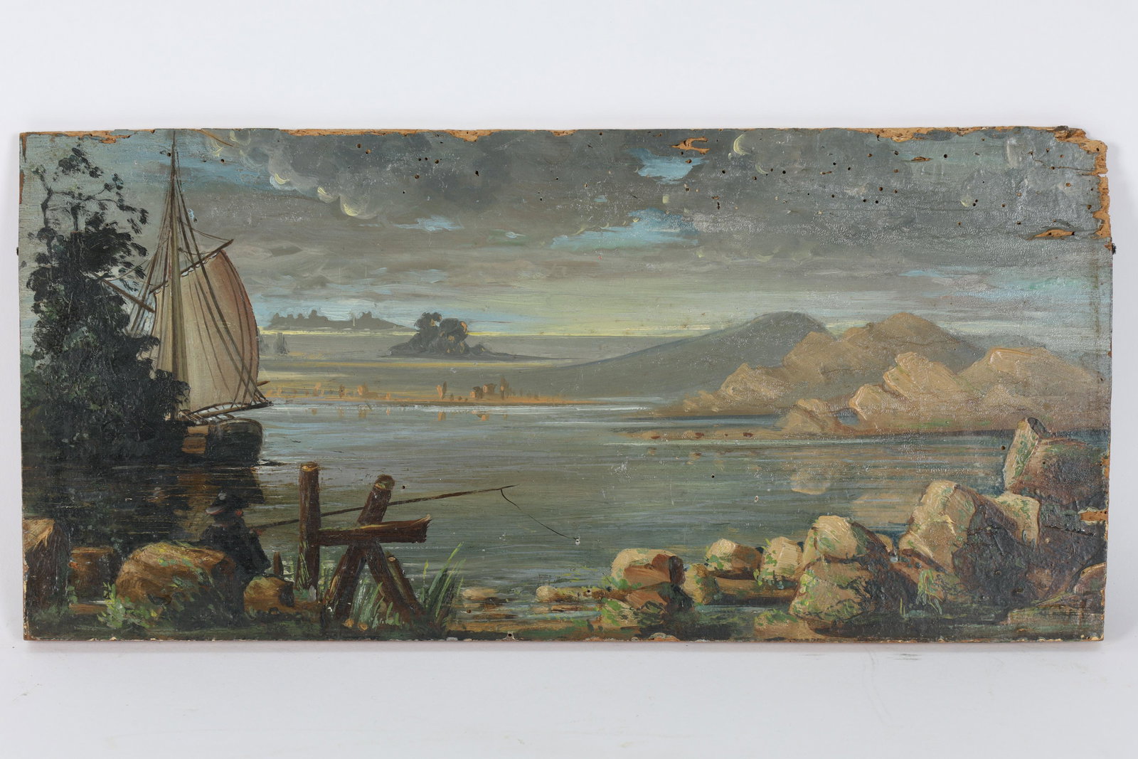 Antique Marine Landscape Oil Painting Wood Panel (1 of 8)