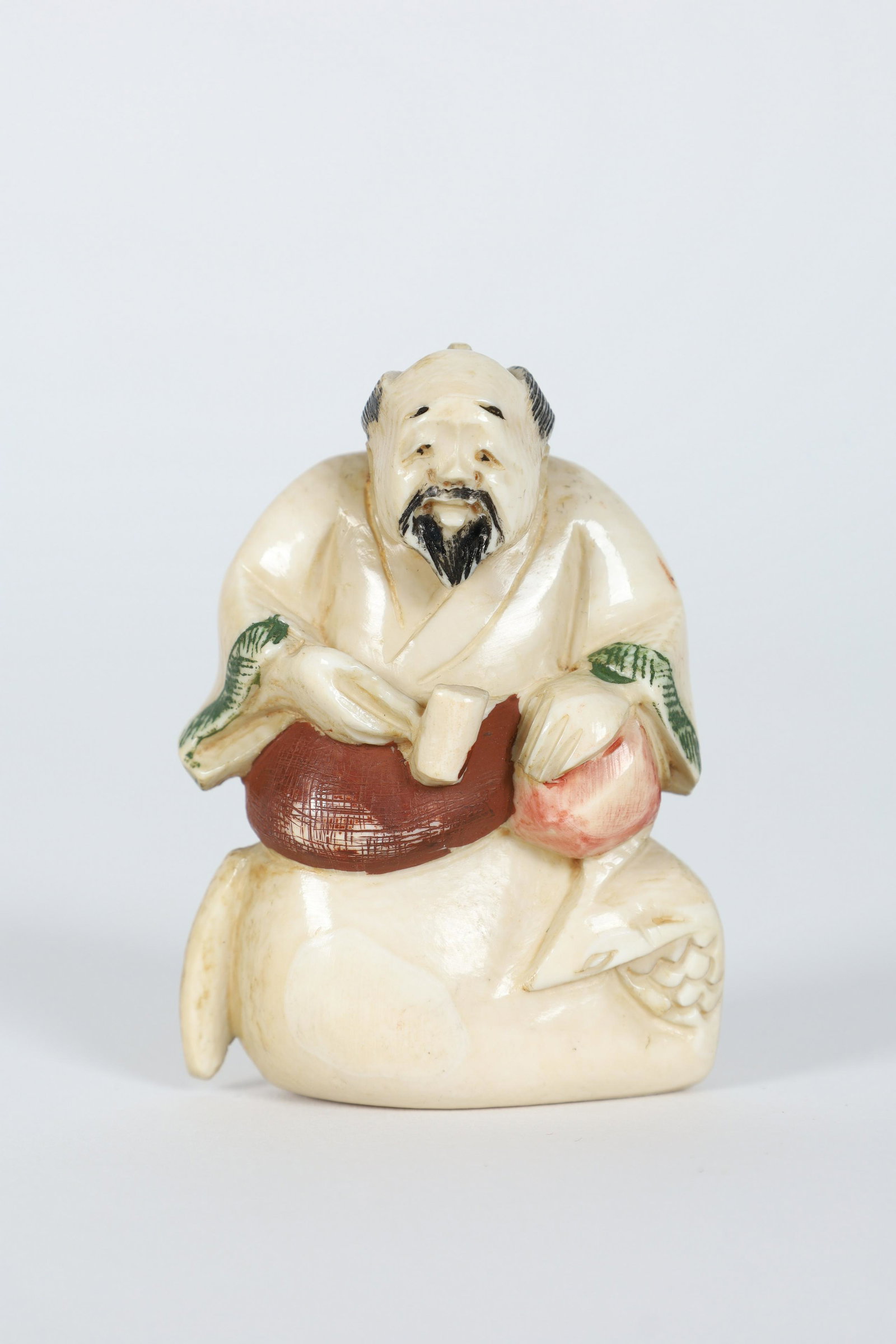 Japanese Netsuke Man Holding Peach Hammer Signed (1 of 6)