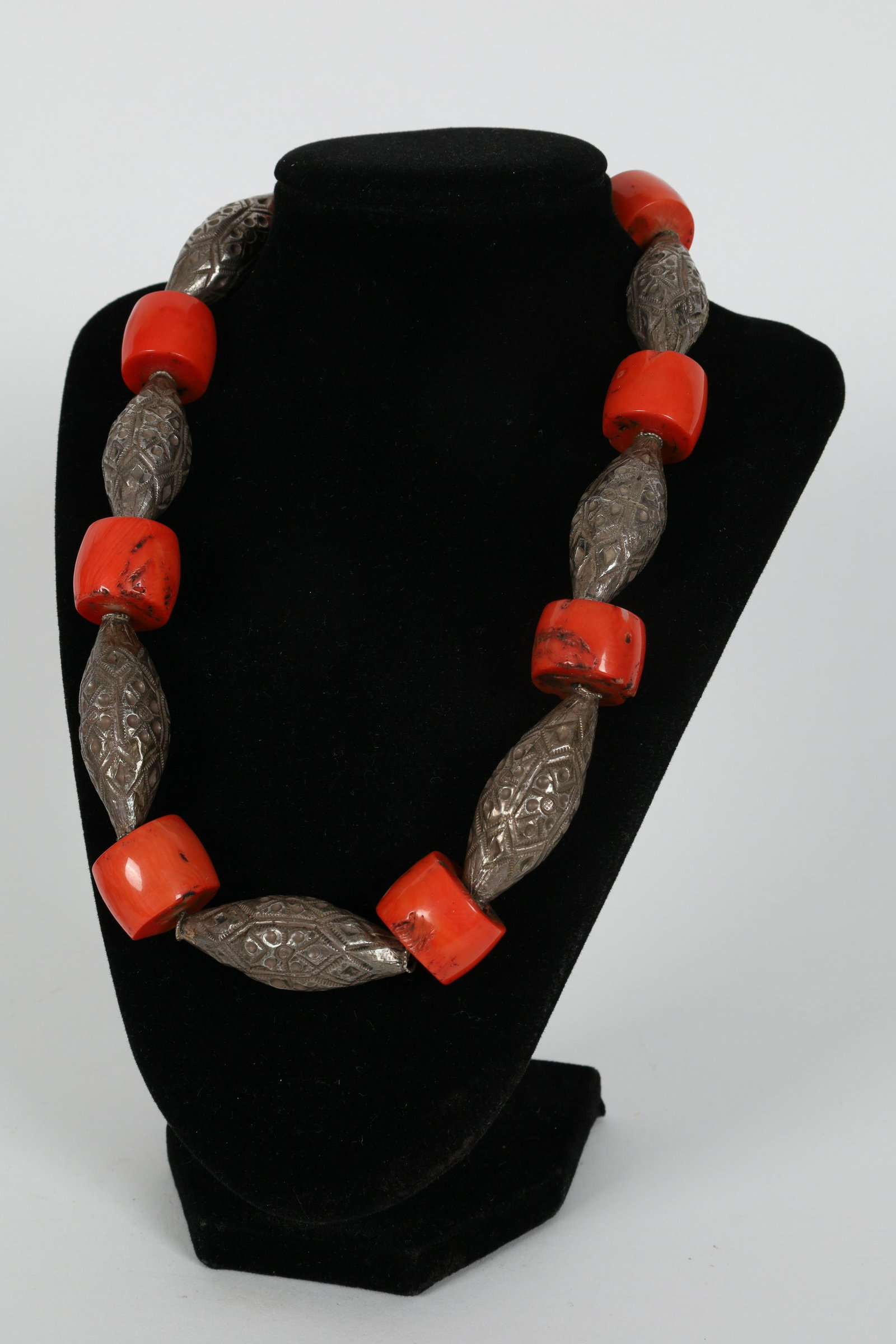 Antique Tibet or Nepal Silver Coral Necklace: Antique Tibet or Nepal Silver Coral Necklace. Measures 20 inches L.