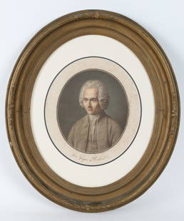 18th C Aquatint Portrait Jean-Jacques Rousseau: 18th C Aquatint Print, Portrait of Jean-Jacques Rousseau by Pierre Michel Alix (French, 1762–1817). Some foxing to paper, please see photos. In oval frame, measures 23 inches H x 20 W.