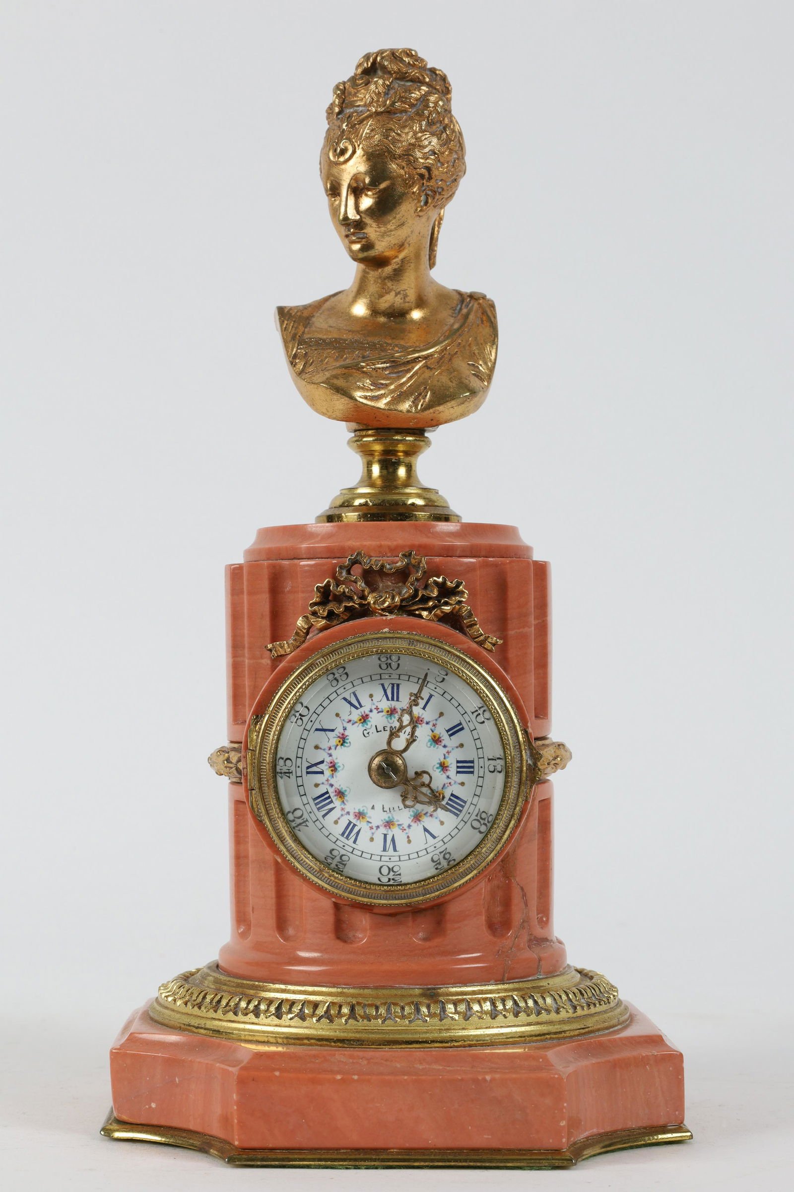 French Gilt Bronze Pink Marble Figural Clock (1 of 8)