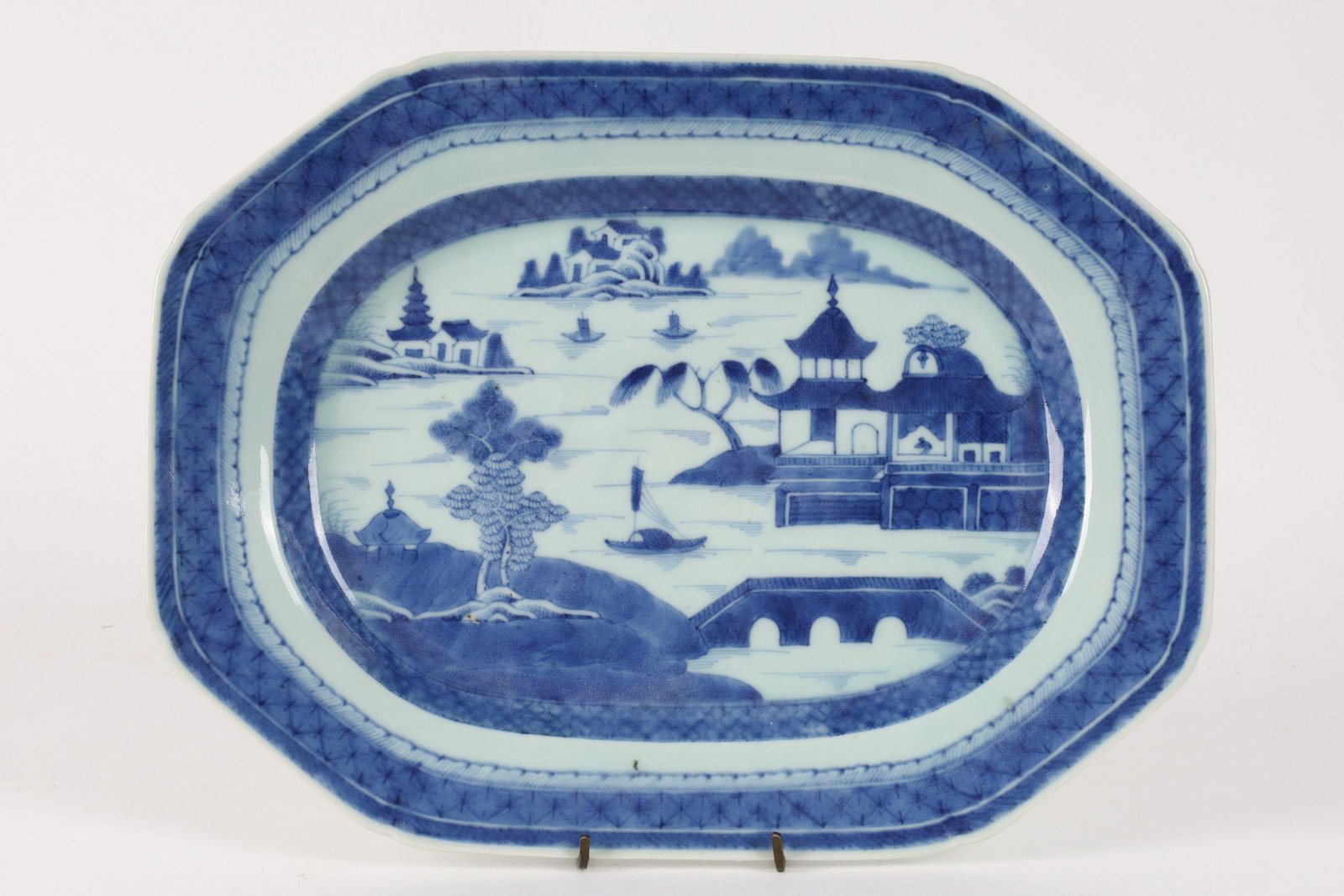 Chinese Jiaqing Blue and White Platter Diana Cargo: Chinese Emperor Jiaqing period blue and white porcelain platter with hand painted temple and lake scene; originally sold at Christie's Diana Cargo auction in Amsterdam in 1995, subsequently purchased 