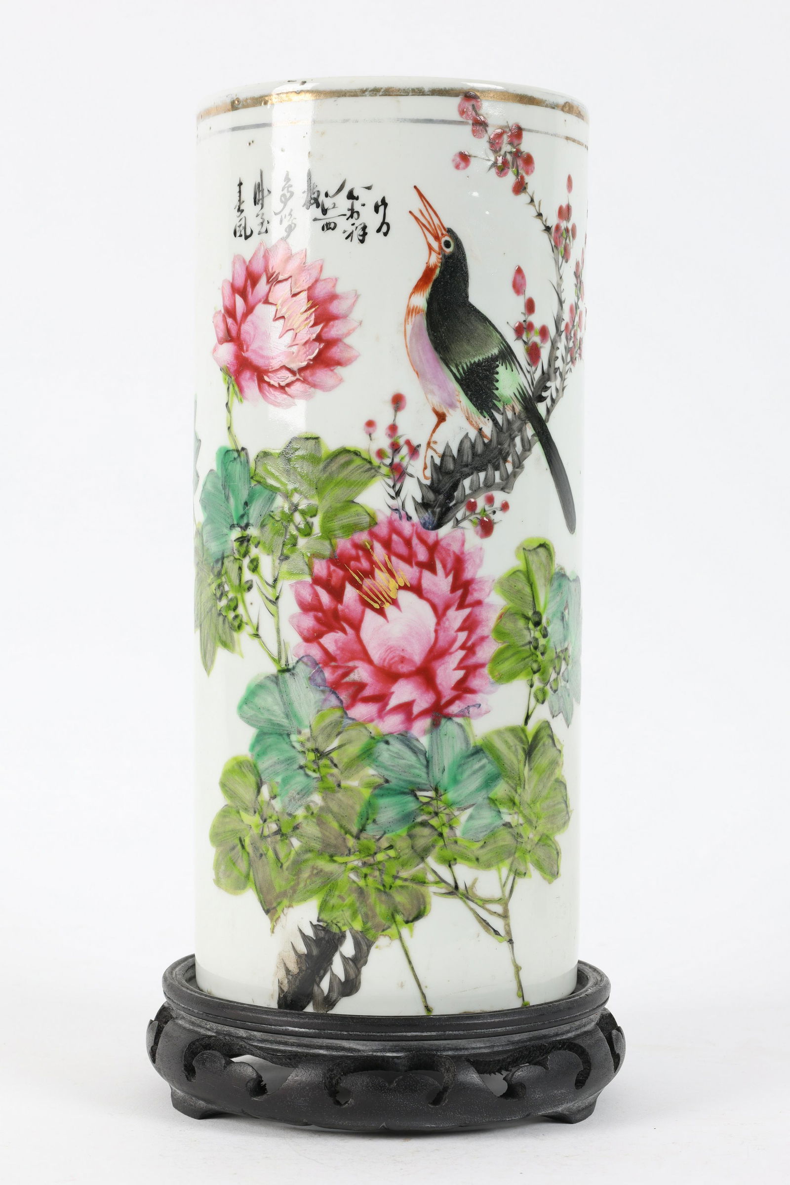 Antique Signed Chinese Cylinder Vase on Stand (1 of 8)