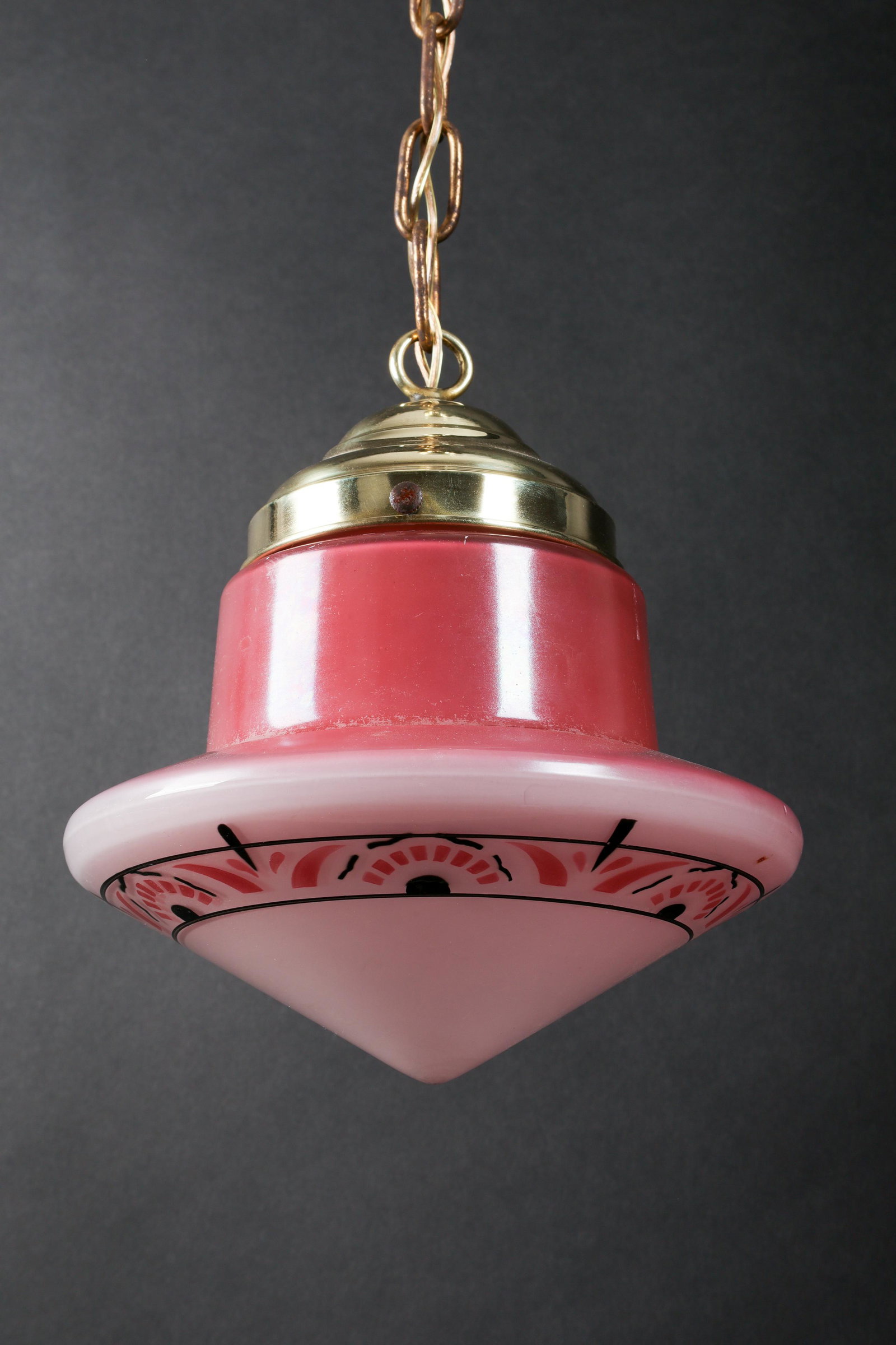 Art Deco Pink Pendant Fixture with Brass Fittings: Art Deco Pink Pendant Fixture with Brass Fittings. 21 inches L x 8 W.