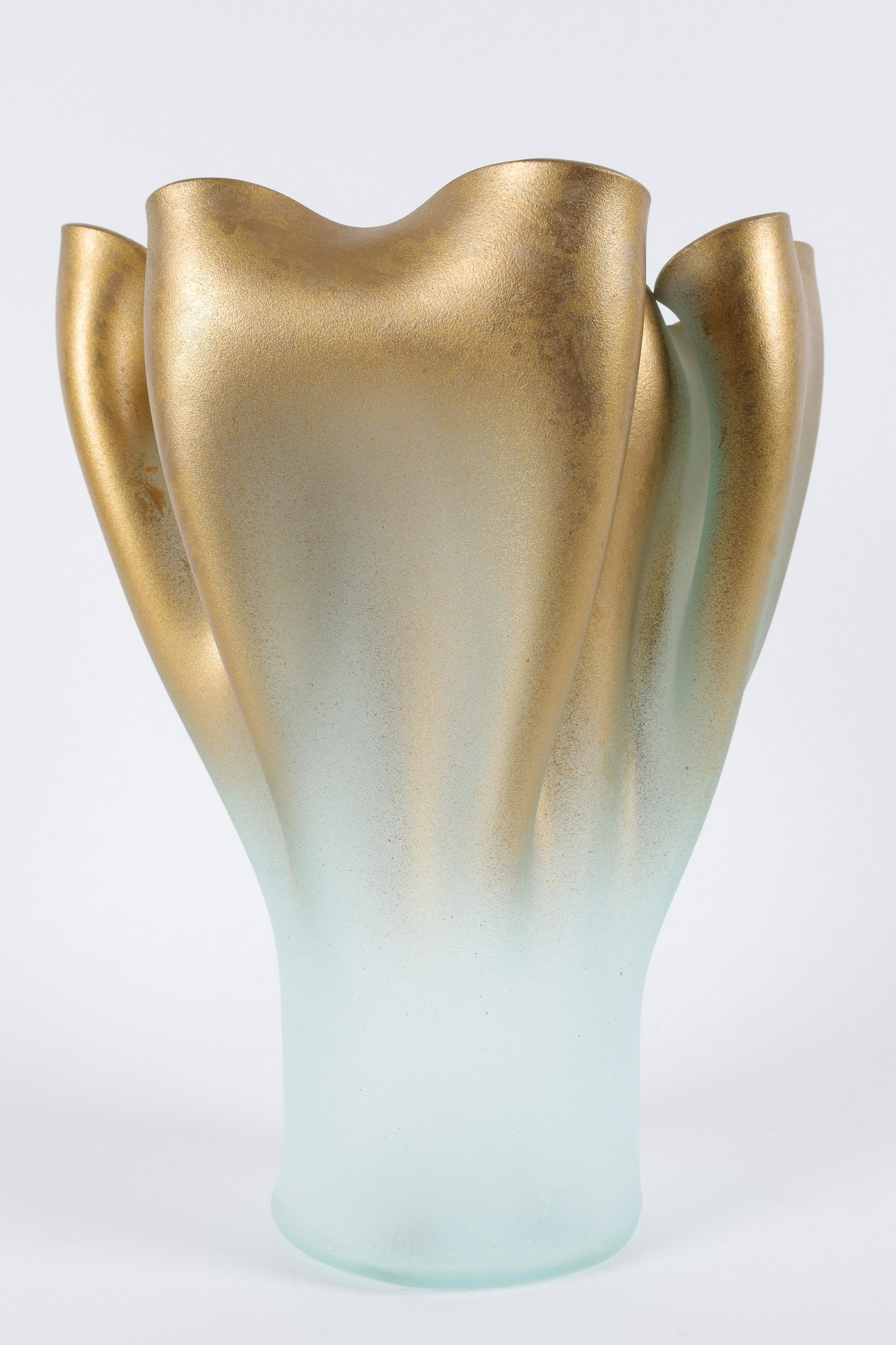 Modernist Frosted Art Glass Gilt Wavy Folded Vase: Modernist Frosted Art Glass Gilt Wavy Folded Handkerchief Vase. Measures 11.5 inches H x 9 diameter.