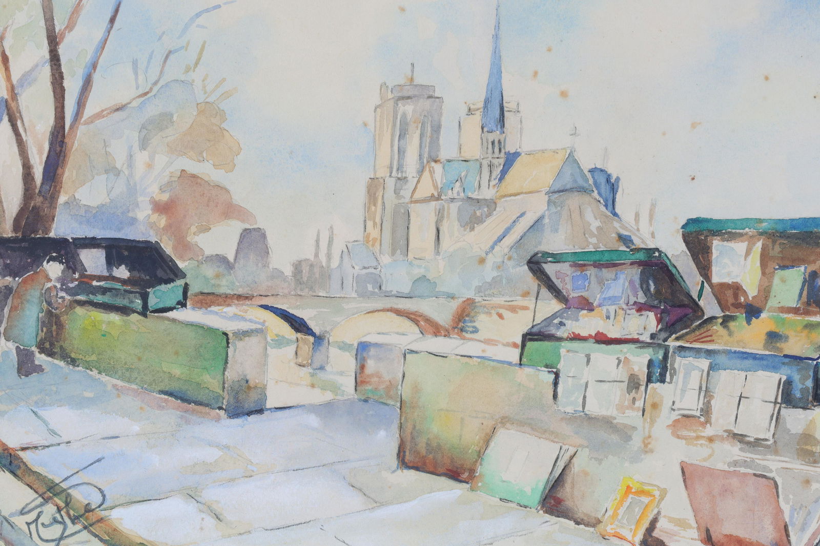 Mid Century Signed Watercolour, Urban Landscape Notre Dame de Paris (1 of 5)