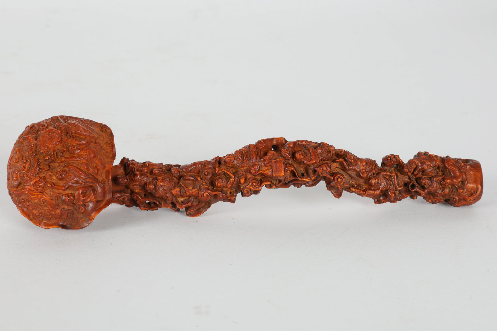 Chinese Carved Boxwood Ruyi Scepter: Chinese Carved Boxwood Ruyi Scepter. Carved with many small figures. 8 inches L.